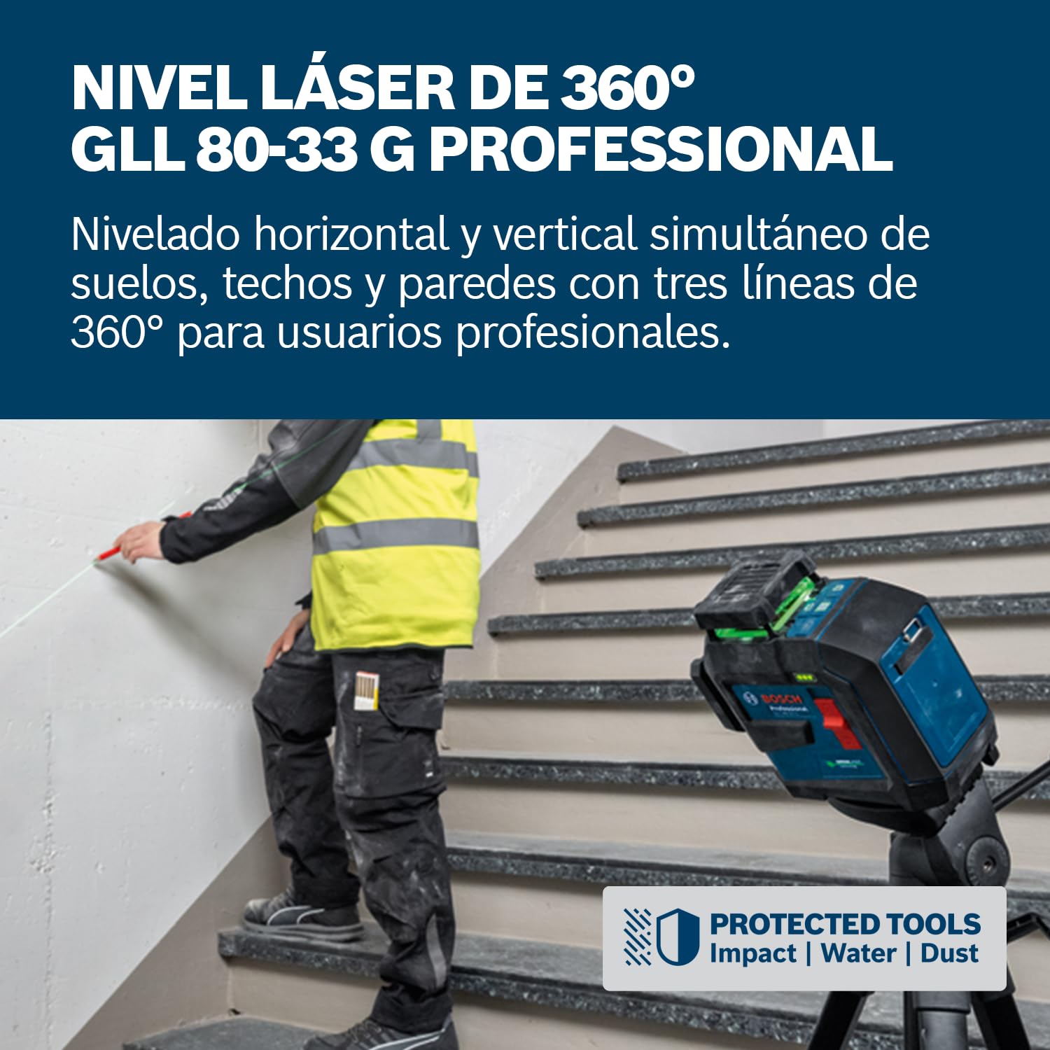 Bosch Professional Nivel láser GLL 80-33 G (soporte LB 10, láser verde, alcance de hasta 30 metros, doble fuente de alimentación, 4 pilas LR6 de 1,5 V, bolsa protectora)