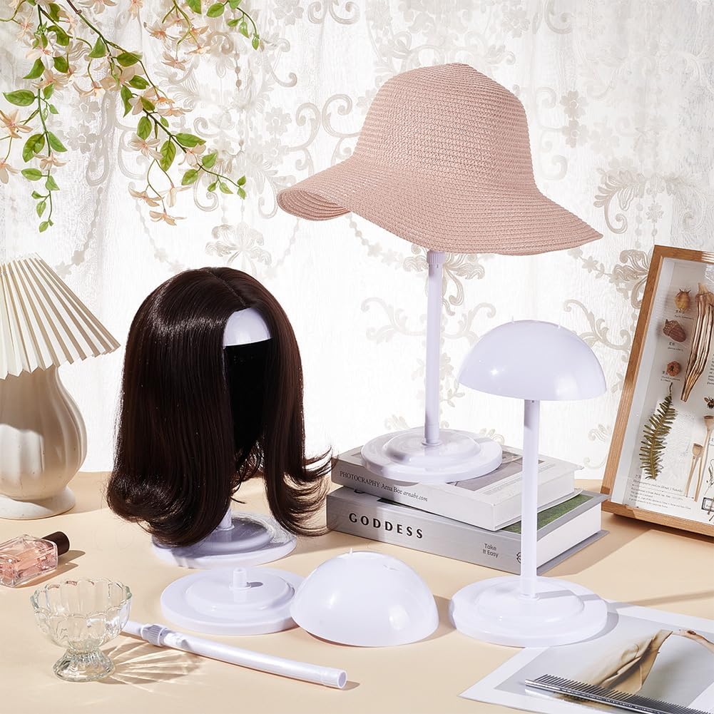 UNICRAFTALE 8 Sets White Hat Display Stand Adjustable Height Half Round Wig Head Holder Plastic Hat Rack Holder for Baseball Caps Cowboy Wig Head Counter Stand Styling Practice 25~48cm
