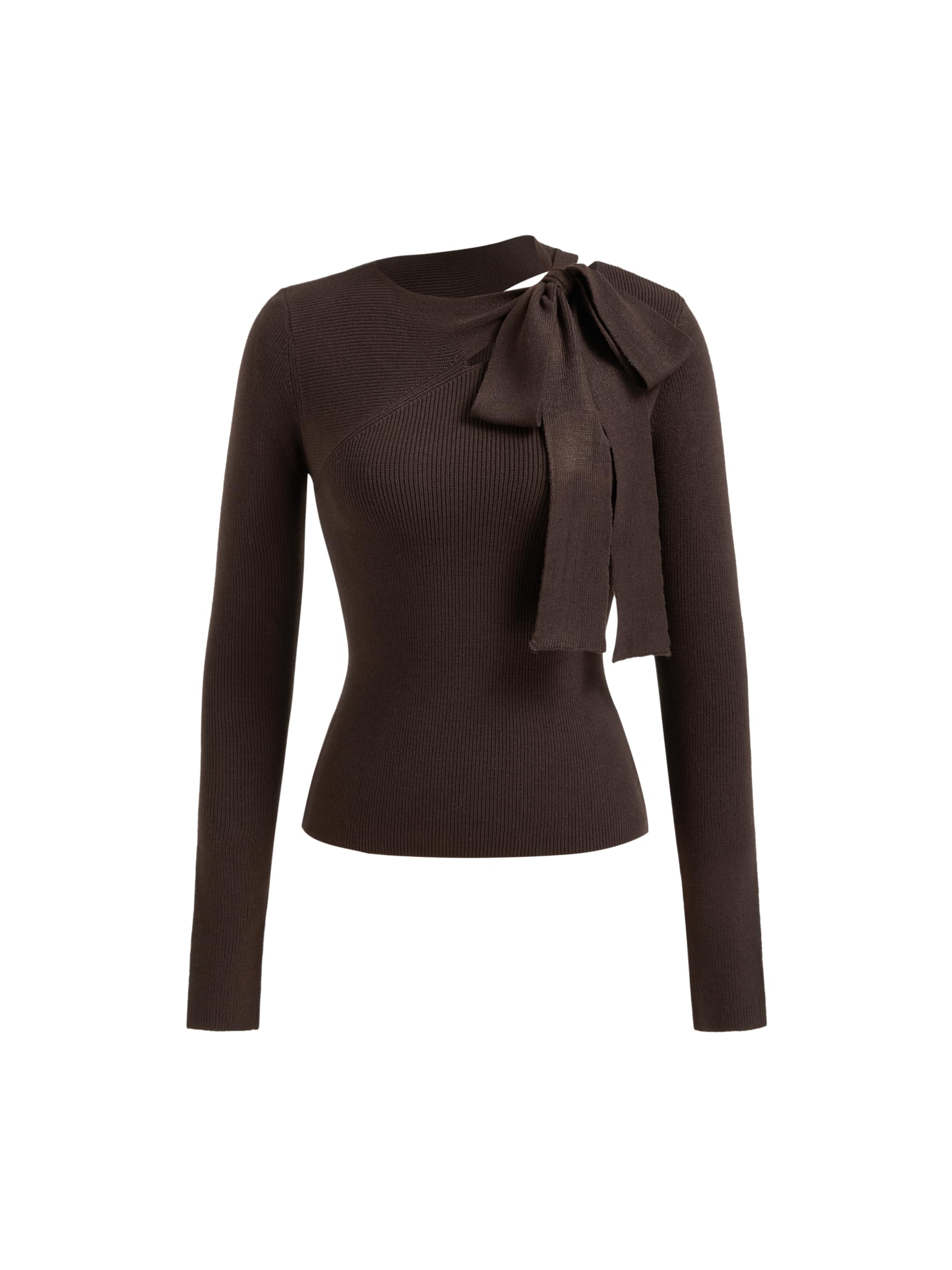 CIDER Knit Asymmetrical Neck Solid Knotted Long Sleeve Top