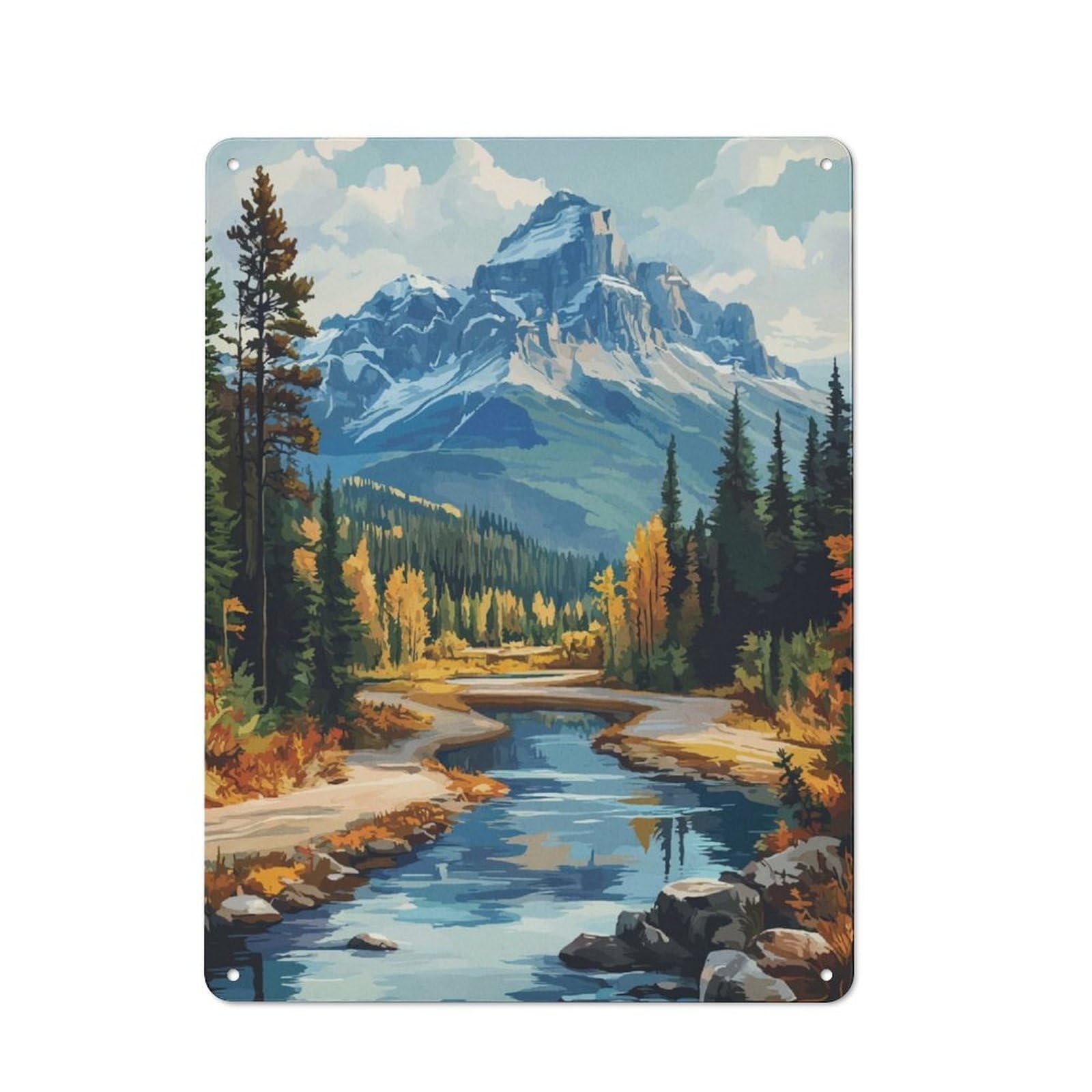 Junmoney Mountain River Landscape Rustic Tin Wall Plaque 40X30cm For Living Room Wall, For Kitchen, Dining Room And Home Bar Wall Decor