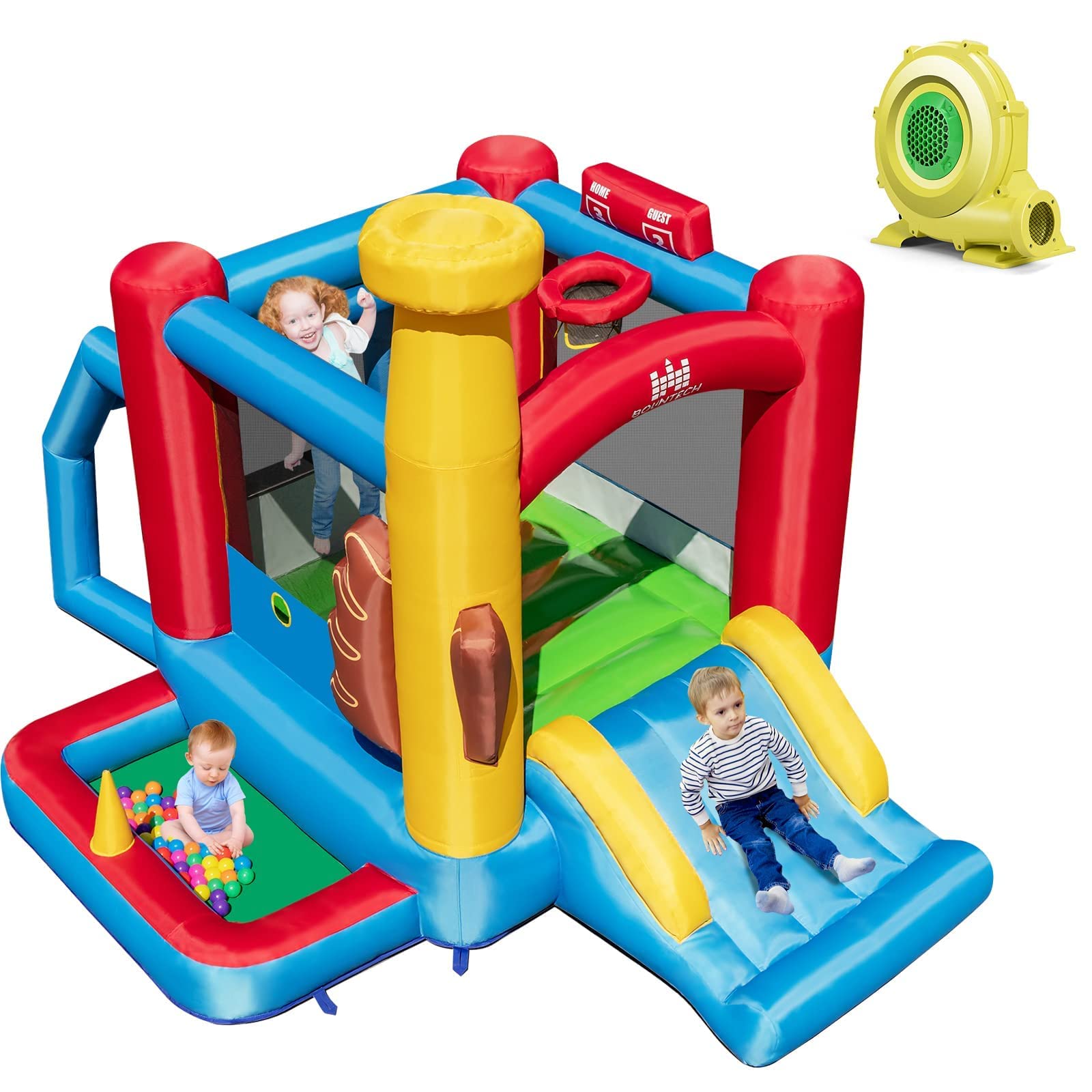 RELAX4LIFE Casa inflable, castillo inflable para niños con tobogán, superficie de salto, interior y exterior, casa inflable con kit de reparación, para niños de 3 a 10 años, con soplador de 735 W
