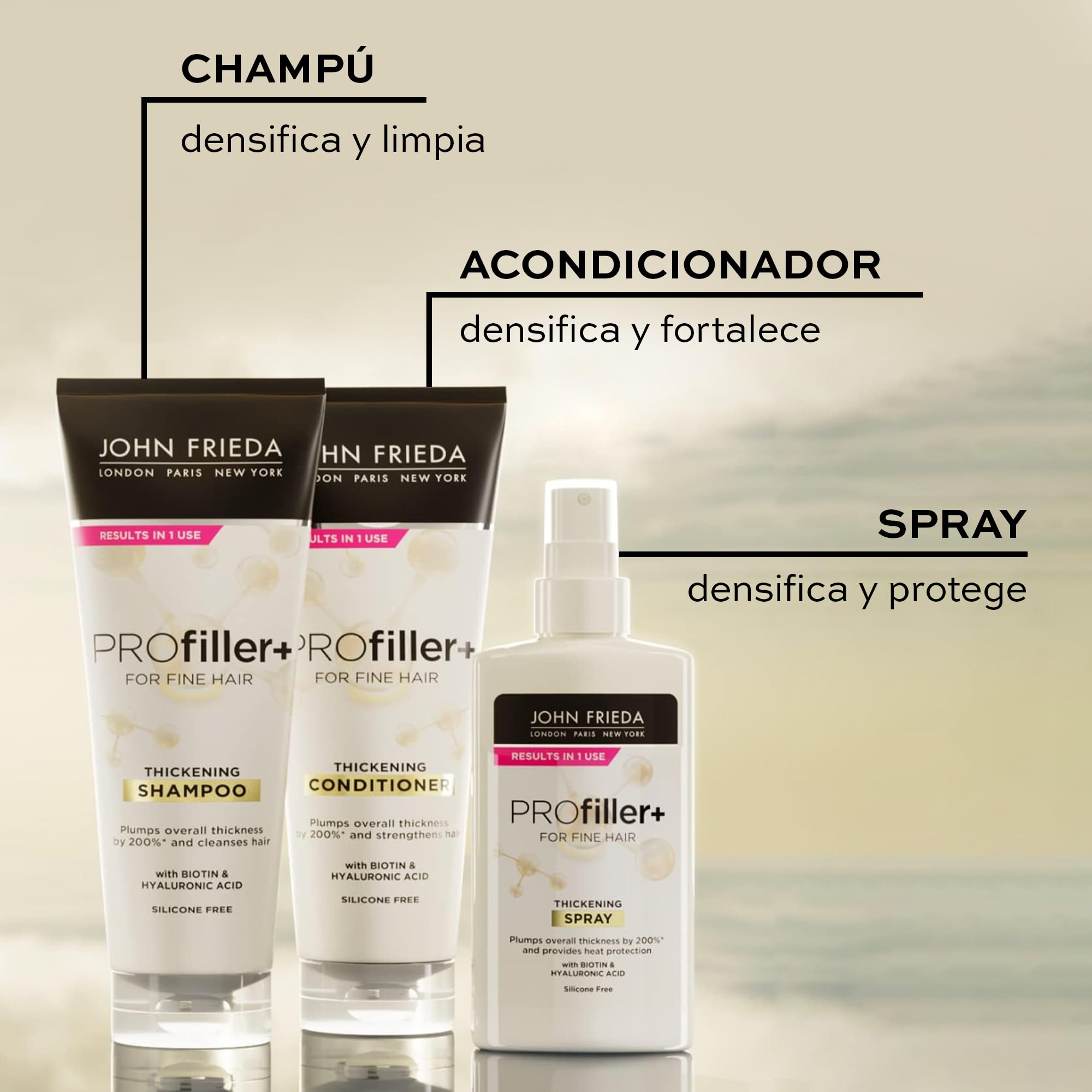 JOHN FRIEDA - Spray Densificador Profiller 150 ml, para Cabellos Finos y Débiles, Fortalece y Densifica, con Biotina y Ácido Hialurónico, Ayuda a Reducir Caída de Cabello Dañado, Protección Térmica