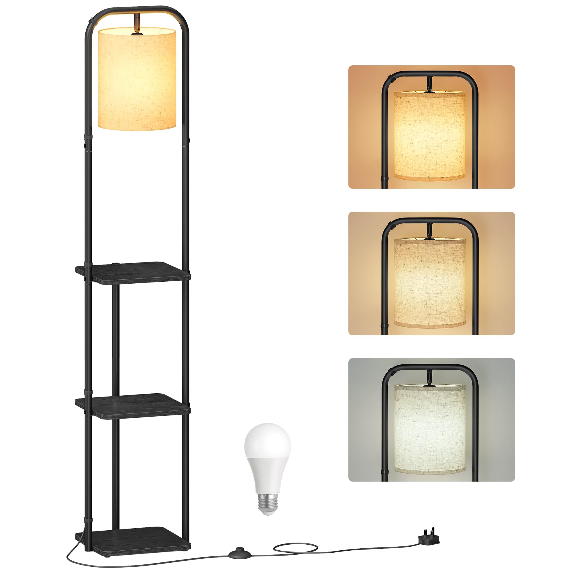 VASAGLE Lampadaire sur Pied, avec 3 Étagères, Lampe sur Pied, Ampoule LED Incluse, avec Interrupteur, Abat-Jour en Tissu, pour Salon, Chambre, Noir d'Encre LFL001BD02