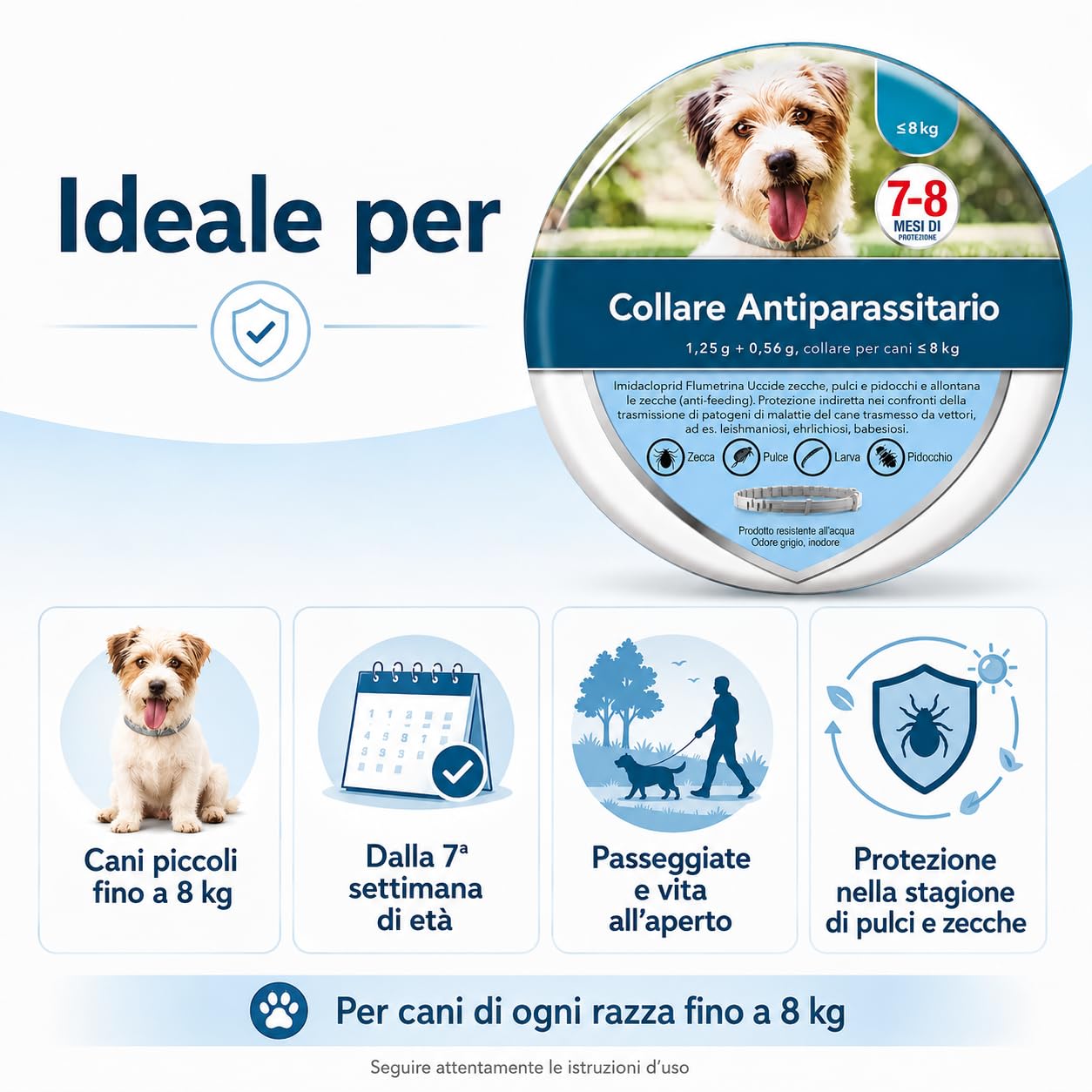 Collare Antiparassitario per Cani Piccoli fino a 8 kg, Protezione da Pulci e Zecche fino a 8 Mesi, Medicinale Veterinario Inodore con Imidacloprid e Flumetrina