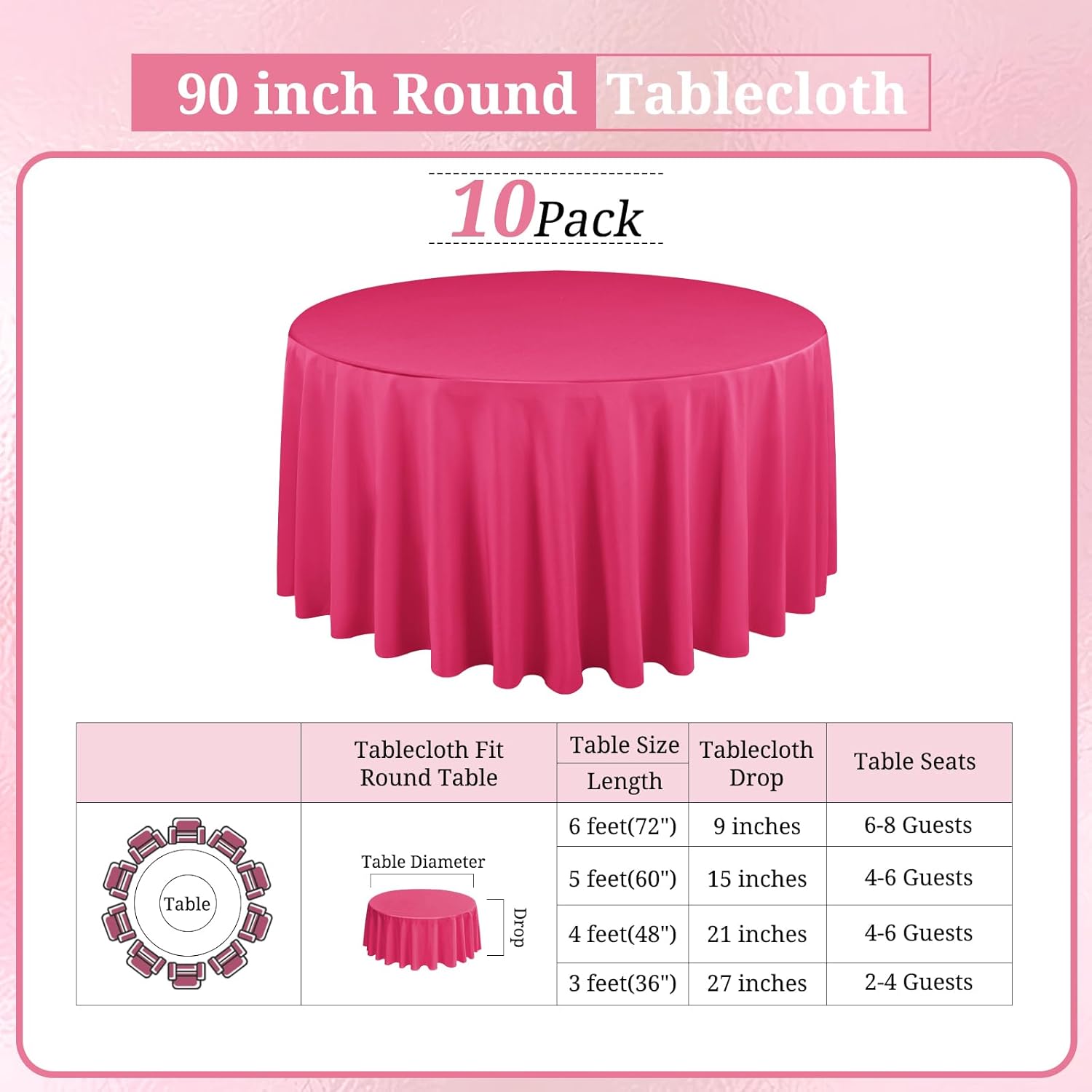 10 pack hot pink round tablecloths 90 inch, circle bulk washable linen polyester tablecloth, table cloth cover for wedding buffet party banquet reception restaurant and camping hot pink 10 pack 90 inch round