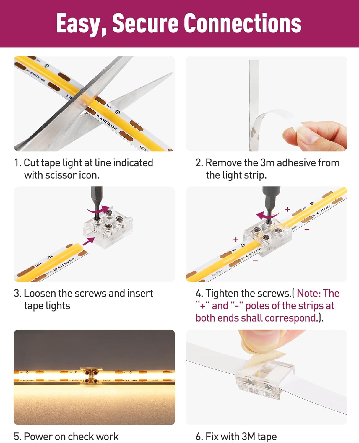 EMITEVER LED Strip Connectors,12 Packs LED Tape Light Connector 2 Pin Solderless Tighten Screw Transparent Tape to Tape Connectors for 5V 12V 24V 8mm Width LED Strip Lights