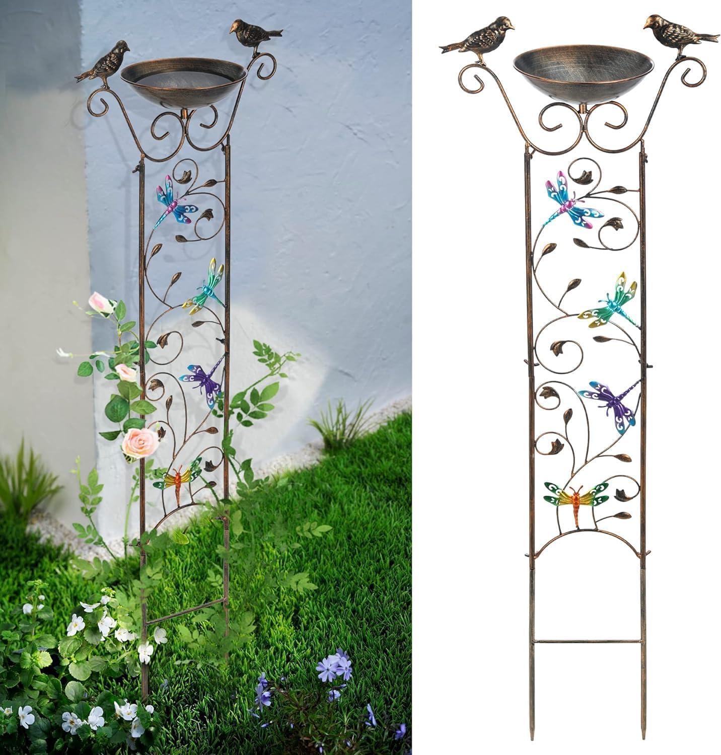 Greenfields Vintage Garden Trellis Bird Bath Bowl - Decorative Freestanding Iron Stand Support Birdbaths for Climbing Plants Flowers - Detachable Bowl for Rustic Outdoor Decor (Dragonfly)
