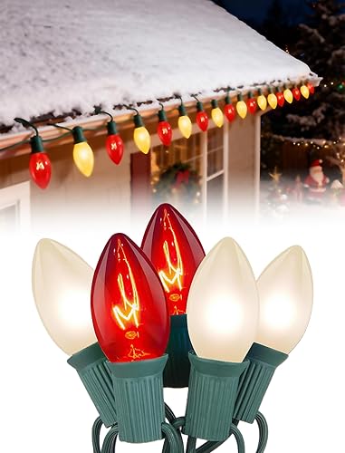 Luces de Navidad C9 rojas y blancas de 25 pies, cadena de luces de Navidad C9 impermeables con 26 bombillas rojas y blancas, luces de Navidad