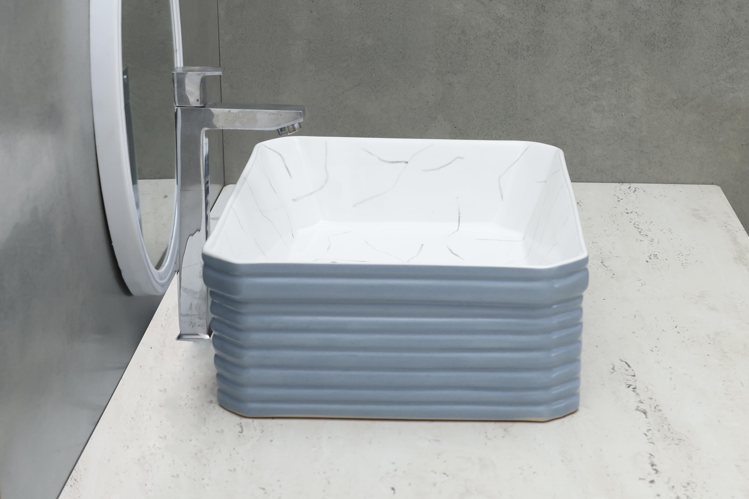 HISRE Table Top Wash Basin For Bathroom | Over Counter Top Wash Basin For Living Room | Washbasin Countertop | Tabletop Ceramic Bathroom Kitchen Sink (18 x 14 x 6 Inch) (Style - 6), photo 3 of 4