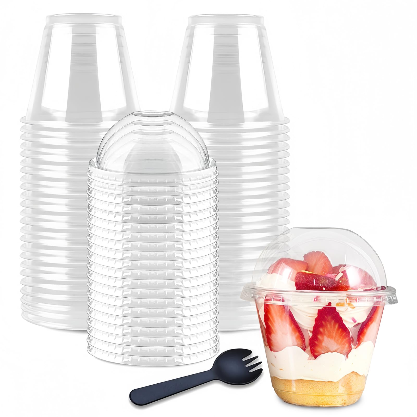 Zykphao 50 Pack Plastic Dessert Cups with Lids - 260ml/9oz Clear Reusable Parfait Pots for Cheesecake, Fruit, Pudding & Smoothies, Includes Sporks