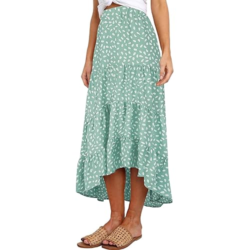 SimpleFun Women's Long Skirts Boho Floral Elastic High Waist Asymmetrical Hem Midi Skirt