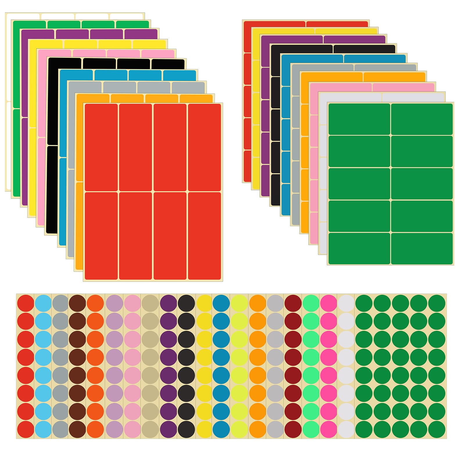 1160 Pcs Coloured Sticker, Rectangle Labels & Dots Round Sticker Set, 20 Colours Multi-Sizes Labels Sticky, Coloured Organisation Stickers for Planners Office Filing Coding Storage Label Sticky