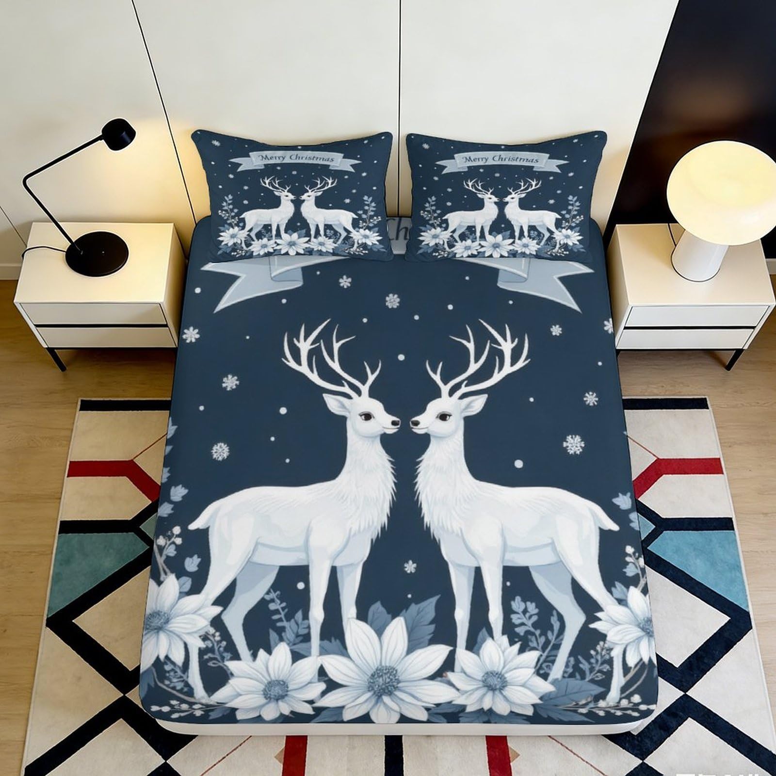 3D Printed Winter Reindeer Fitted Sheet Microfiber Blue Snowy Forest Bed Cover for Bedroom Guest Room Decor Gift 90x200x25cm