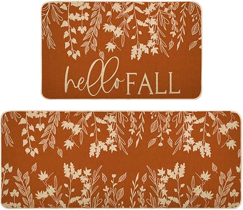 Hello Fall - Juego de 2 tapetes de cocina, antideslizantes, absorbentes, para puerta, diseño de hojas de arce de otoño, decorativas, para cocina, de