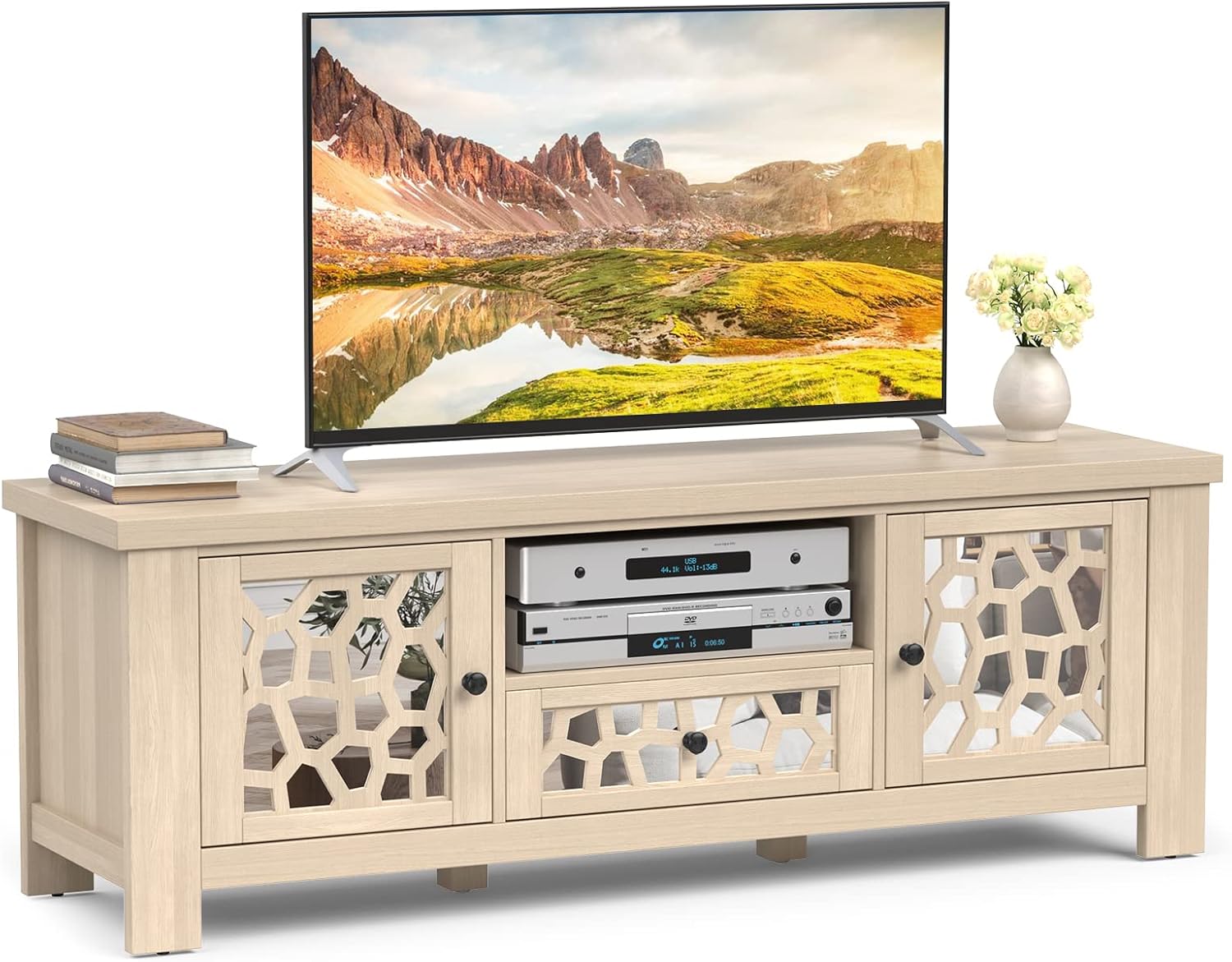 Tangkula TV Stand for 60 Inch TVs, Retro Entertainment Center w/Decorative Acrylic Mirror Doors, TV Console Cabinet w/Open Shelf & Drawer & Cable Hole, for Living Room Bedroom (Natural)