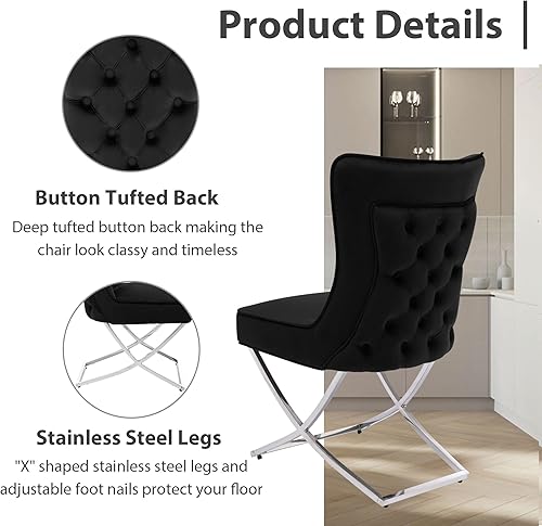 Miniatura 5 de Juego de 2 sillas de comedor de terciopelo, modernas y cómodas sillas de comedor tapizadas con respaldo copetudo y patas de acero inoxidable, color