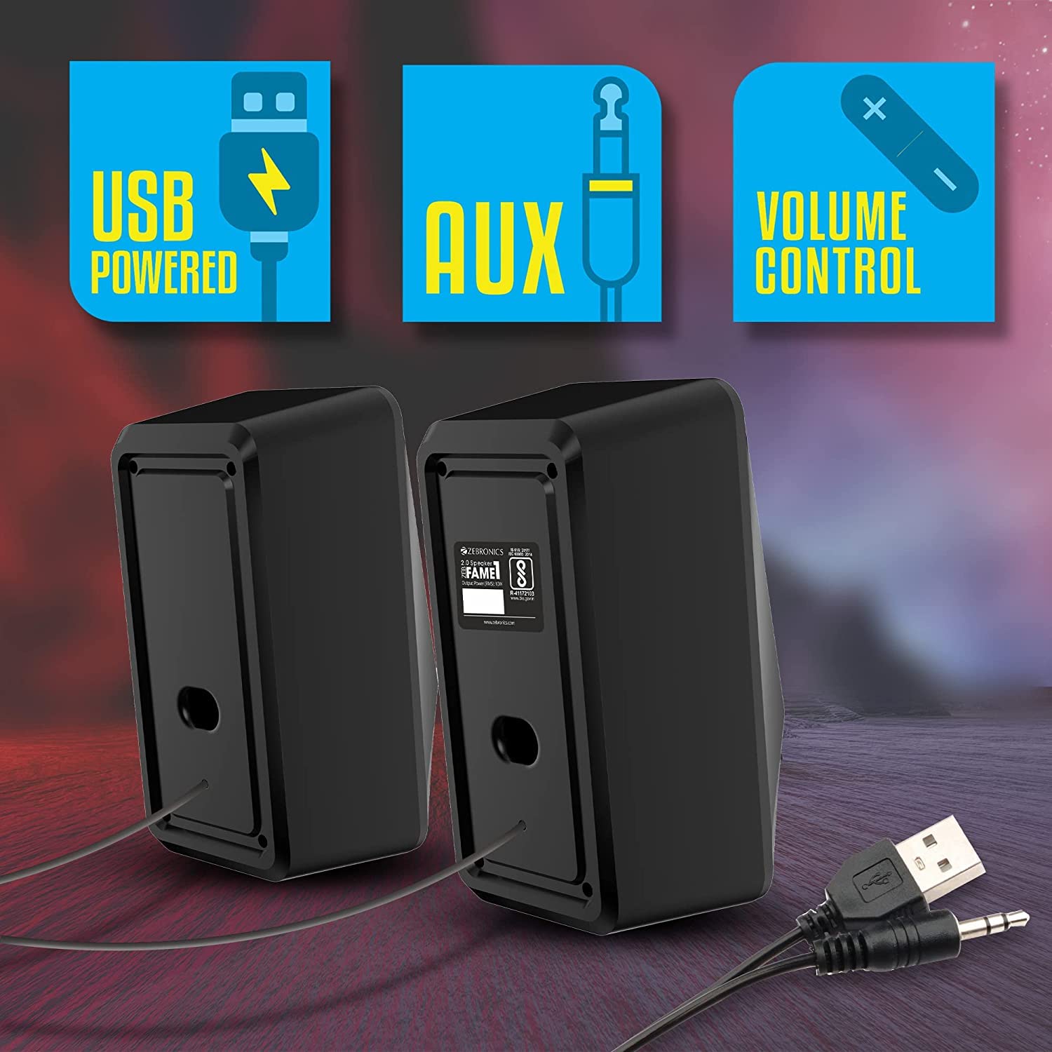 مؤخرة view of the B.C Zeb Fame 1 speakers, highlighting USB power and 3.5mm audio input.