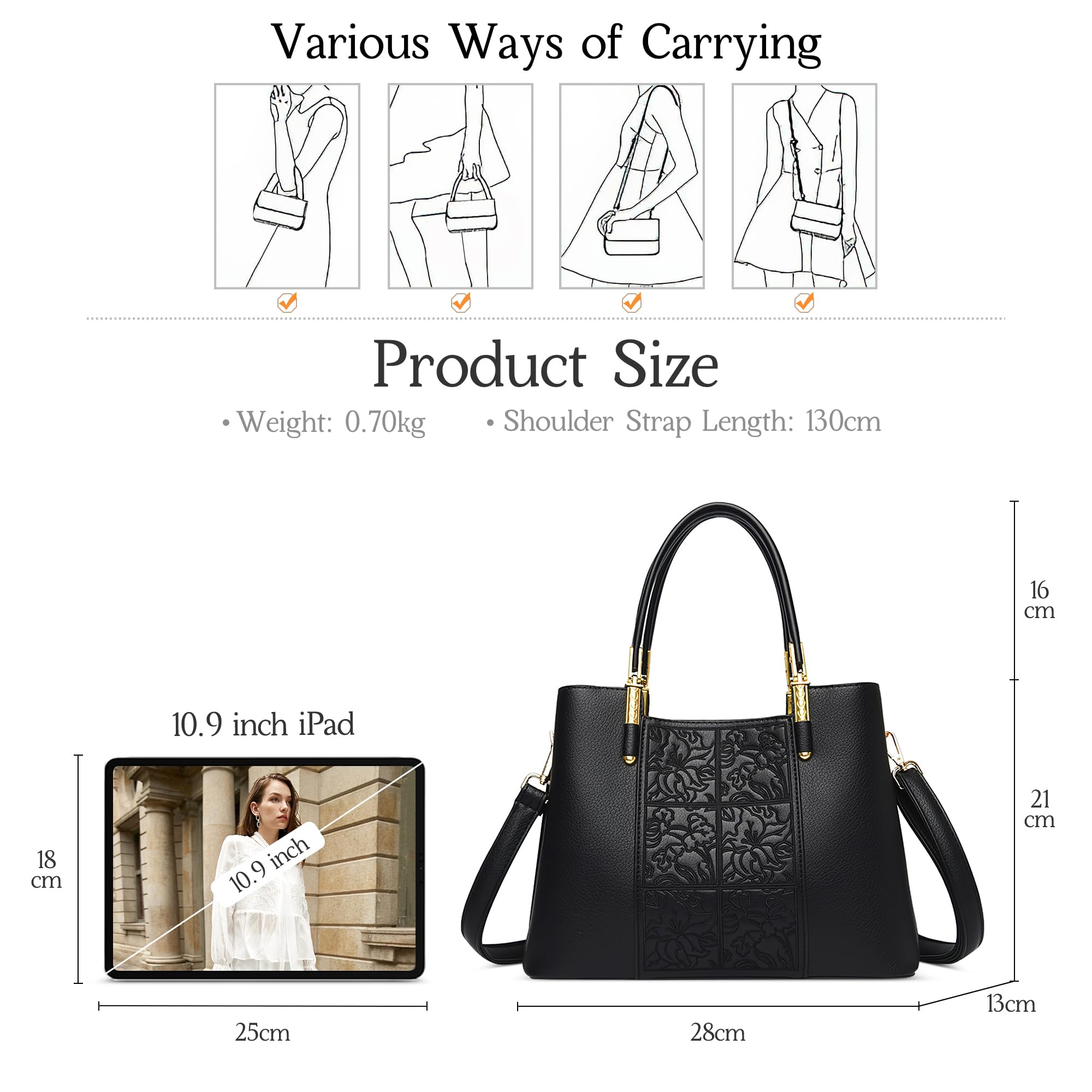 Bolso de Mano Para Mujer Moda Dama Bolso Bandolera Múltiples Bolsillos Diseño de Bordado Exquisito Regalos Citas Vacaciones Bolsa de Mensajero Impermeable Cuero Genuino
