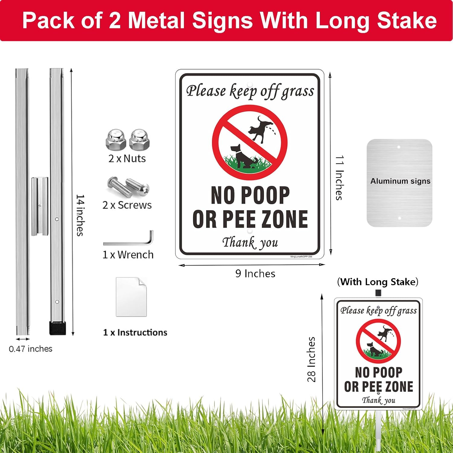 2 Pack No Poop or Pee Zone Yard Signs - Please Keep Off Grass, 11 x 9 Inch Reflective No Pooping/No Peeing Dog Sign with 28" Stake Reflective Rust-Free Aluminum, Weatherproof for Lawn, Garden Care