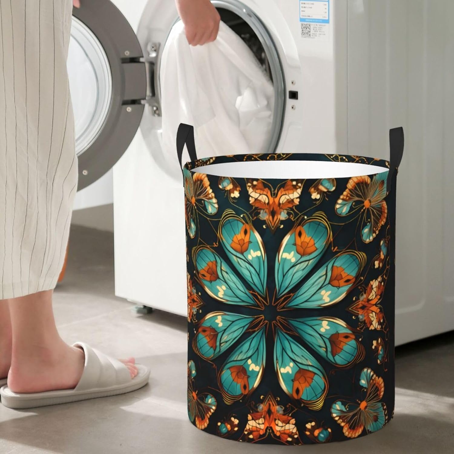 Butterfly pattern Round Single-layer Laundry Basket, Portable Storage Laundry Basket, Bedroom Clothes Storage Basket with Handle