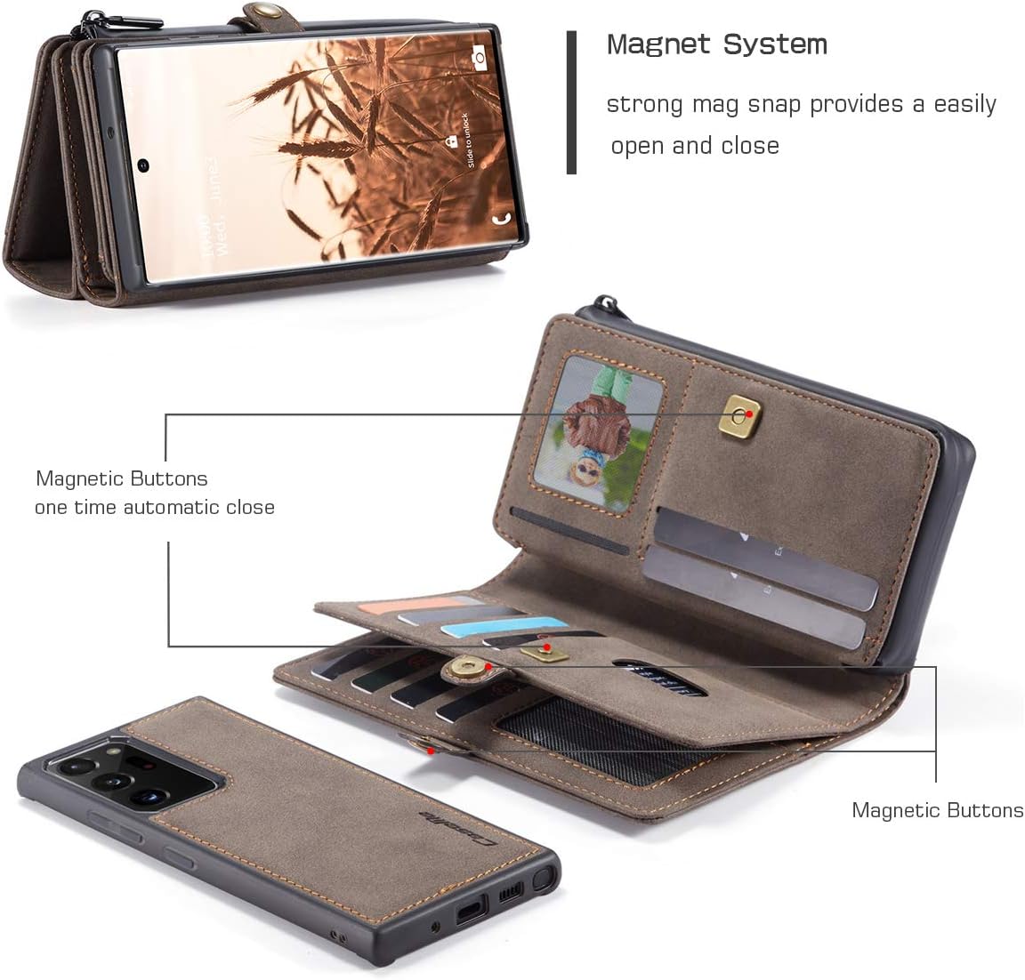 HAII Galaxy Note 20 Ultra Wallet Case,Multi-Functional Leather Purse Flip Cover Zipper Wallet Case with Card Slots & Detachable Magnetic Phone Case for Samsung Galaxy Note 20 Ultra 5G 6.9 inch(Coffee)