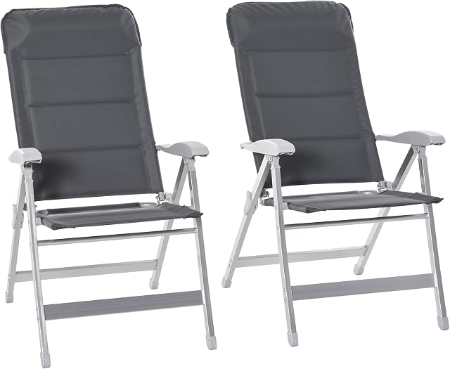 Outsunny Set Of 2 Padded Folding Deck Chair Garden Seats Adjustable Back w/Armrest Aluminium Frame Portable Camping Outdoor Pool Grey