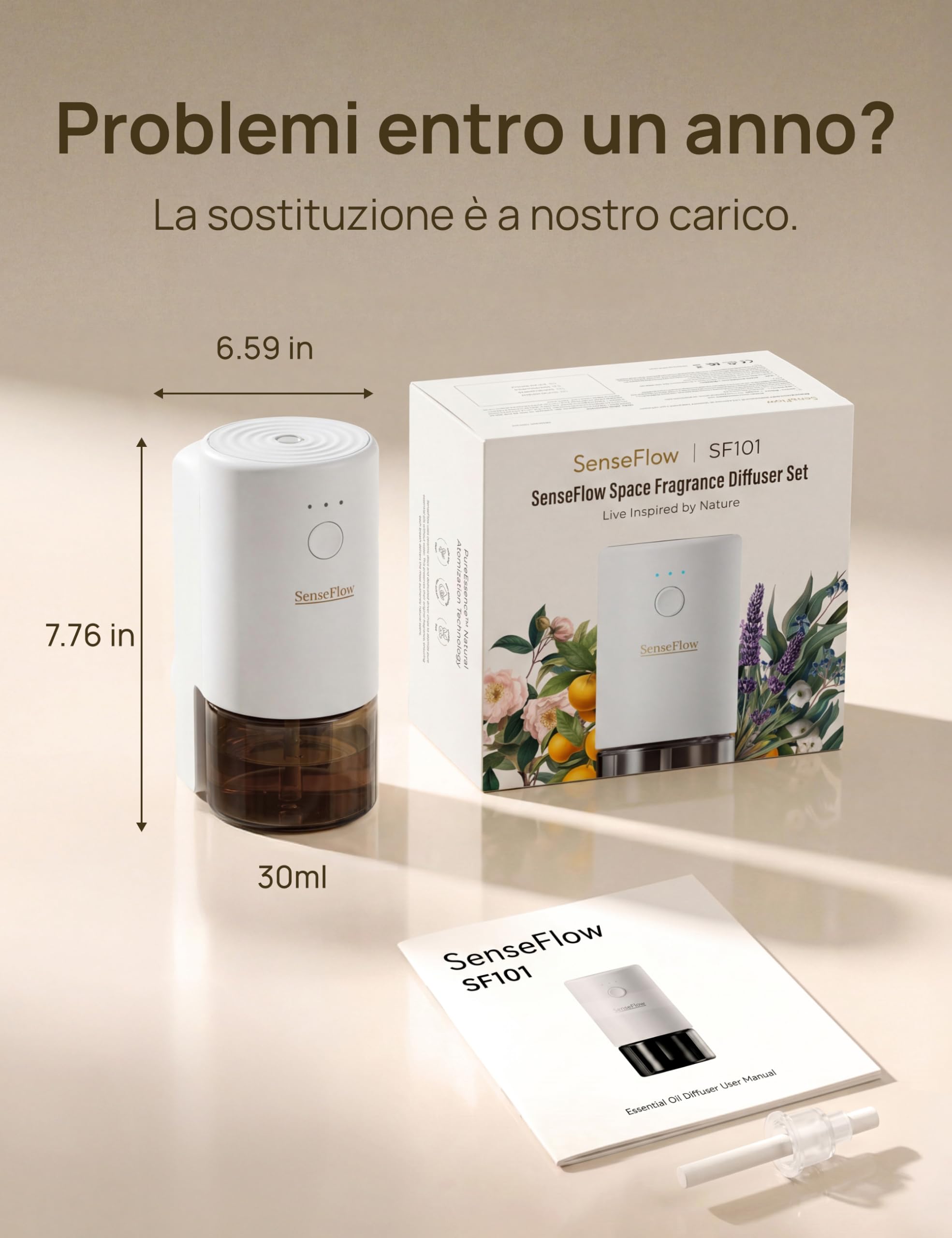 Diffusore di Oli Essenziali SF101 PRO Ultrasuoni Senza Acqua Profumatore per Ambienti, 100% Vegetale, Aroma Fino a 120 Giorni, LED, Ideale per Casa, Hotel e Studio - Lavender Citrus Musk
