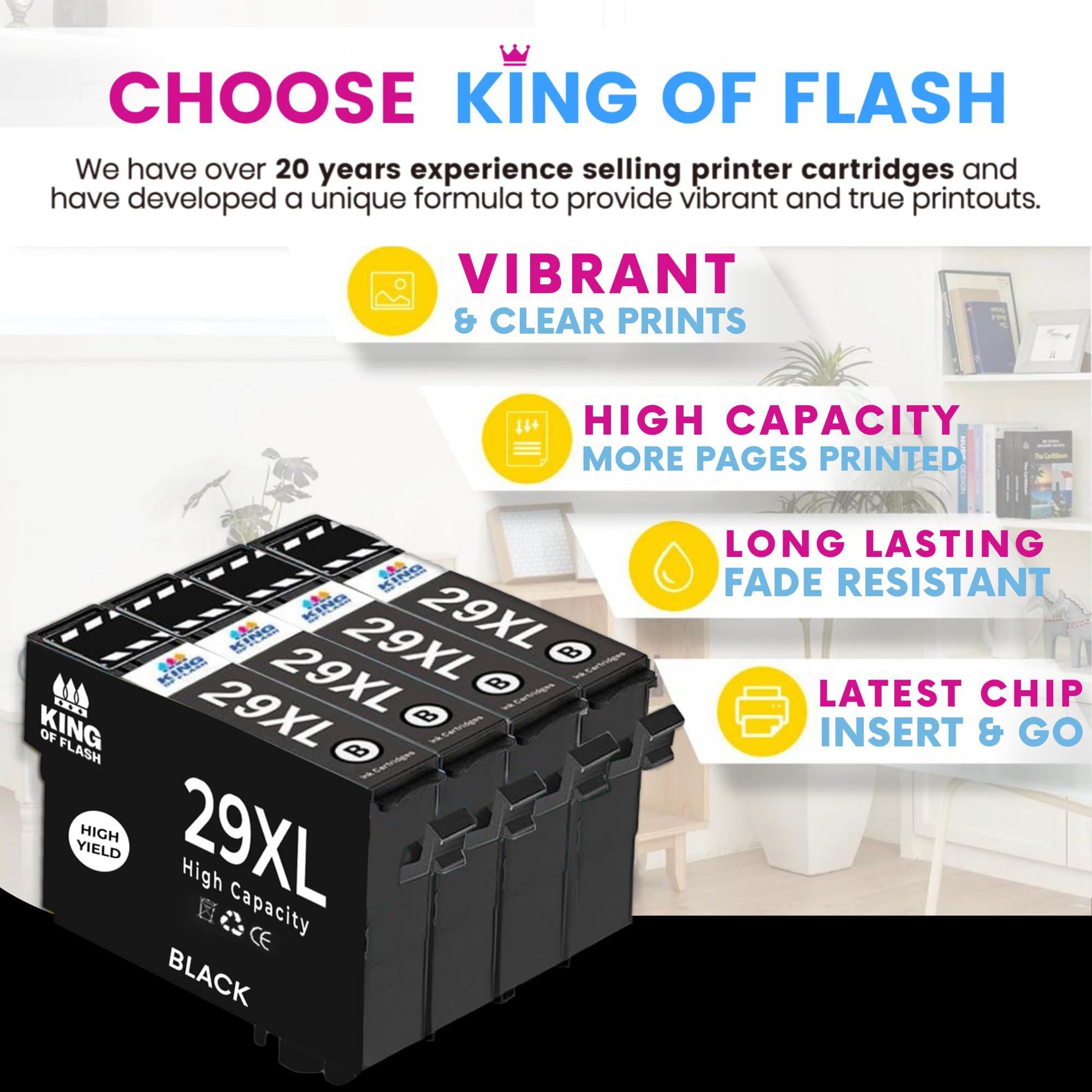 KING OF FLASH Compatible 29XL Ink Cartridge For Epson Expression Home XP-235, XP-245, XP-332, XP-335, XP-342, XP-432, XP-435, XP-442, XP-445, XP-247, XP-345, XP455 High Capacity Ink Cartridges 4 Black