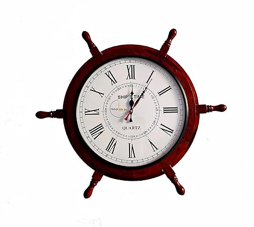 Miniatura 6 de DnU Avenue Reloj de pared de madera hecho a mano con rueda de barco para decoración del hogar y la oficina hecho a mano con madera natural