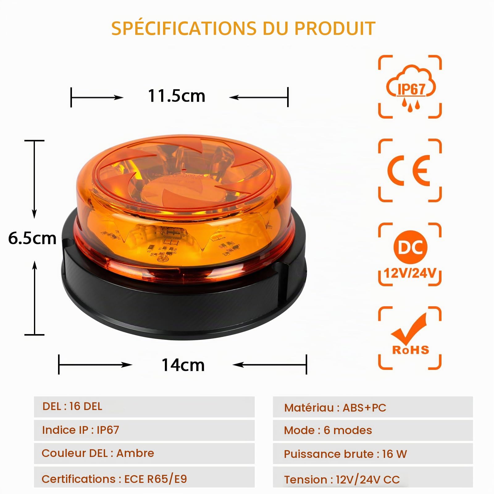 2PCS Gyrophare LED Orange, 12V-24V Orange-Phare d’Avertissement Clignotant avec 6 Modes de Flash Strobe Beacon Light Ambre pour Camion Tracteur Caravane IP67 étanche E-Mark E9