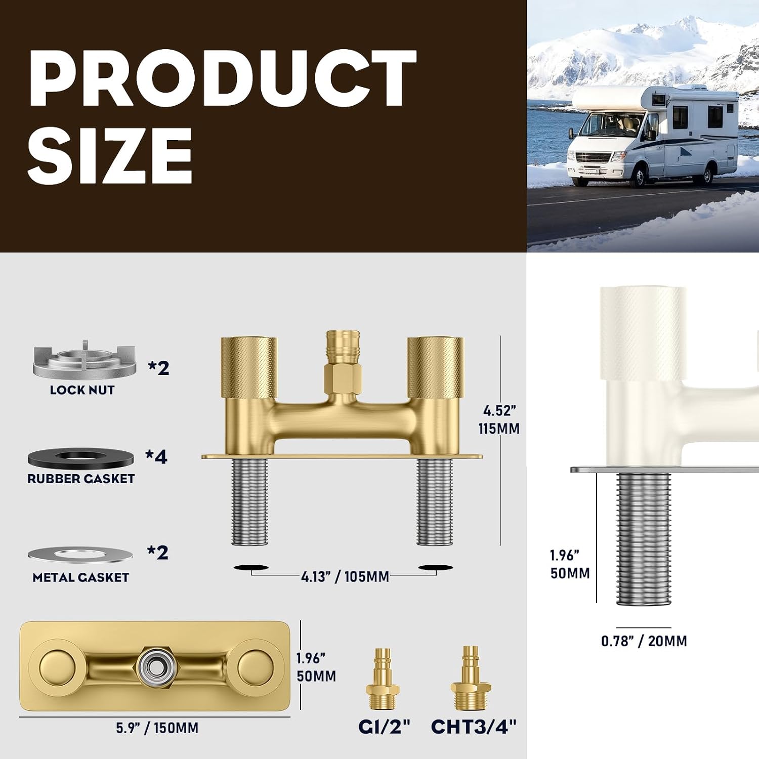 304 Stainless Steel 4" RV Outdoor Shower Valve Kit,Lead-Free Explosion-Proof Camper Shower Faucet,2-Way Quick Connect Diverter with Filter for Trailer Exterior,Brushed Gold,RVF01-BG
