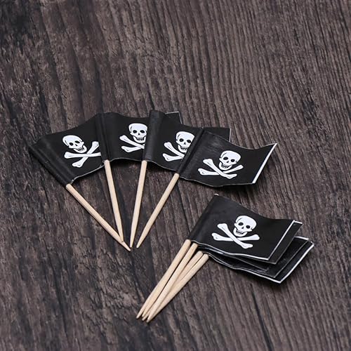 Miniatura 8 de Luxshiny 100 piezas de bandera pirata para cupcakes, palillos de dientes pirata, para Halloween, palillos de dientes, banderas, gorra de calavera,