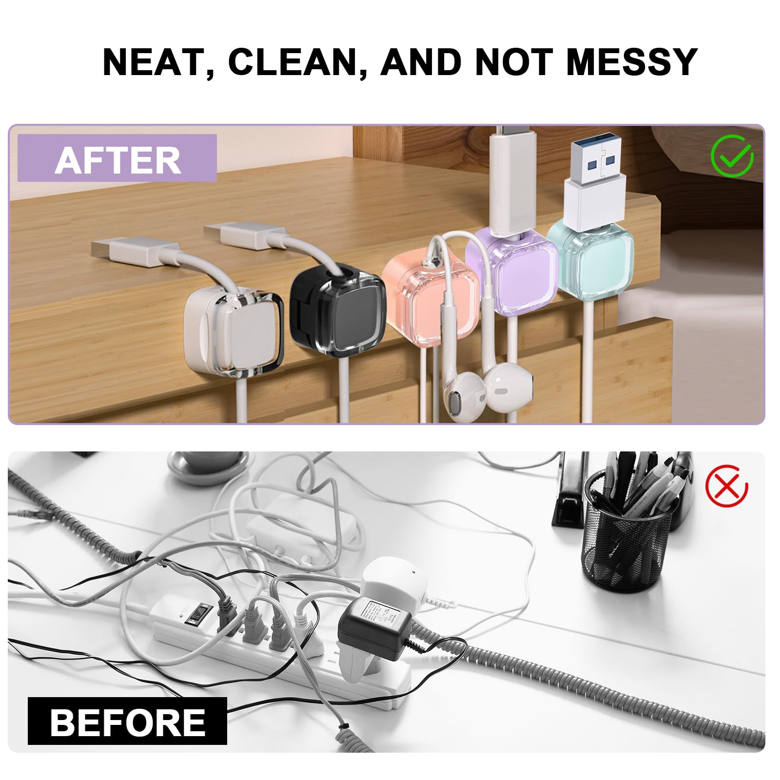 6 Pezzi Fermacavi,Cable Management Organizer Cavi,Ferma Cavi Adesivi,Porta Cavi di Ricarica a Scatto,Ferma Cavi per Comodino,Scrivania,Casa,Ufficio (Bianco