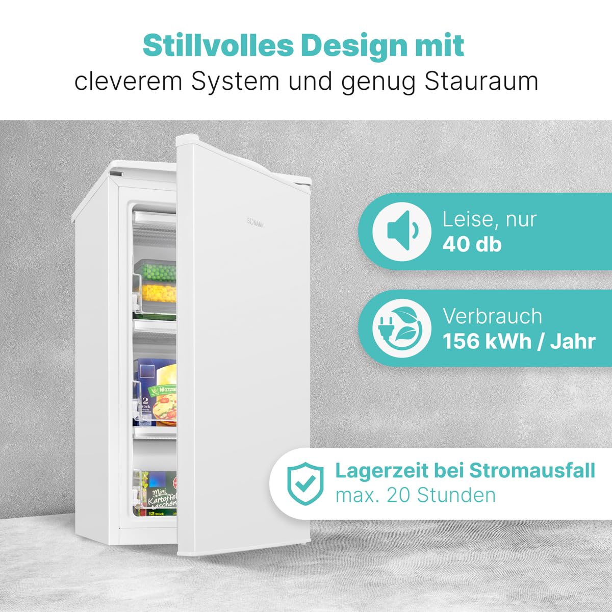 Bomann Gefrierschrank klein | 4 Sterne-Gefrierfach | Tiefkühlschrank 3 Fächer | leise | ≤ -18°C | Türanschlag wechselbar | 60L Mini Freezer | kleiner Gefrierschrank | GS 7256 weiß