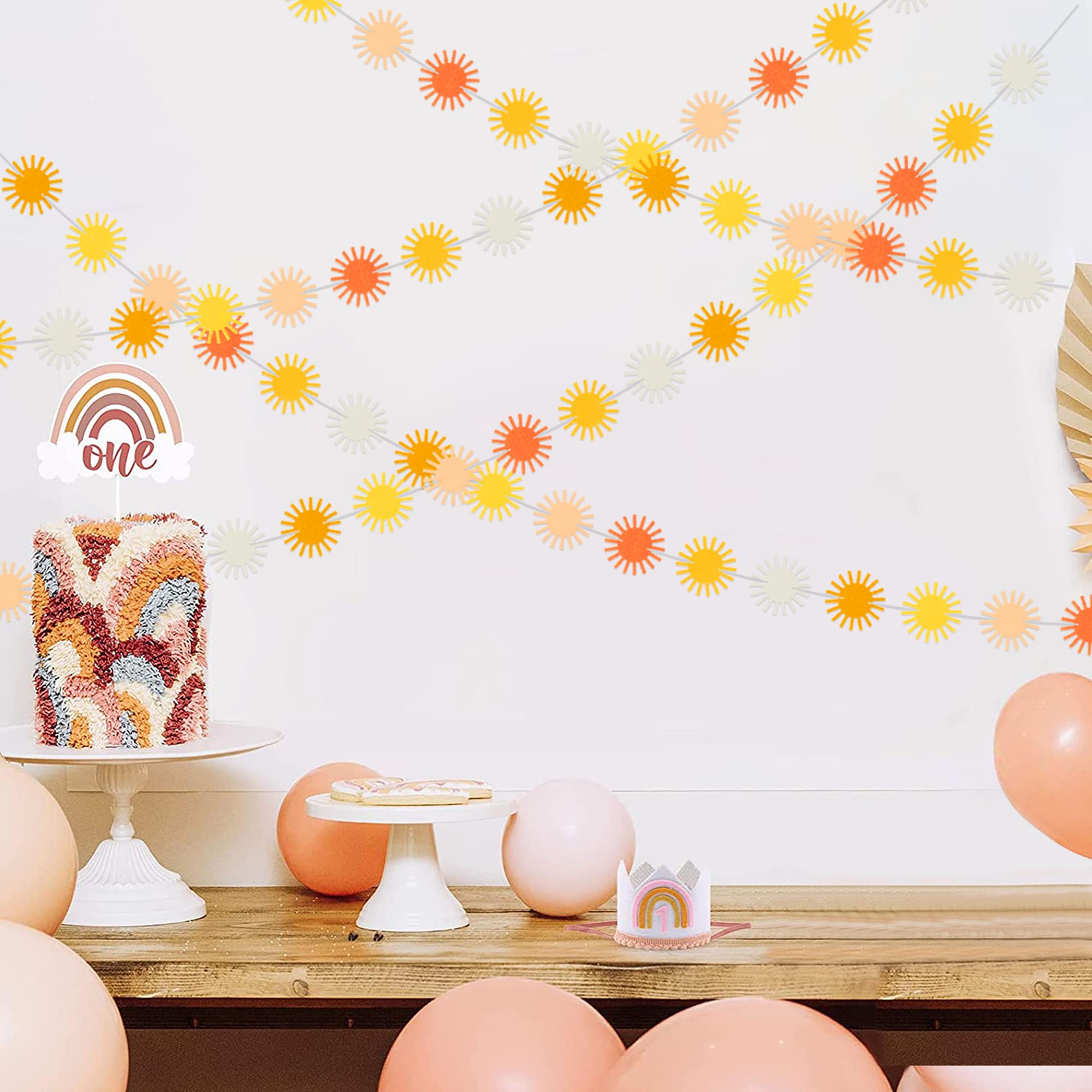 G1ngtar Boho Sun Garland Felt Artificial First Trip Around The Sun String Banner Hippie Boho Muted Sun Party Supplies Aesthetic Indoor Outdoor Party Decoration for Baby Shower Wedding 4Pcs - Image 4