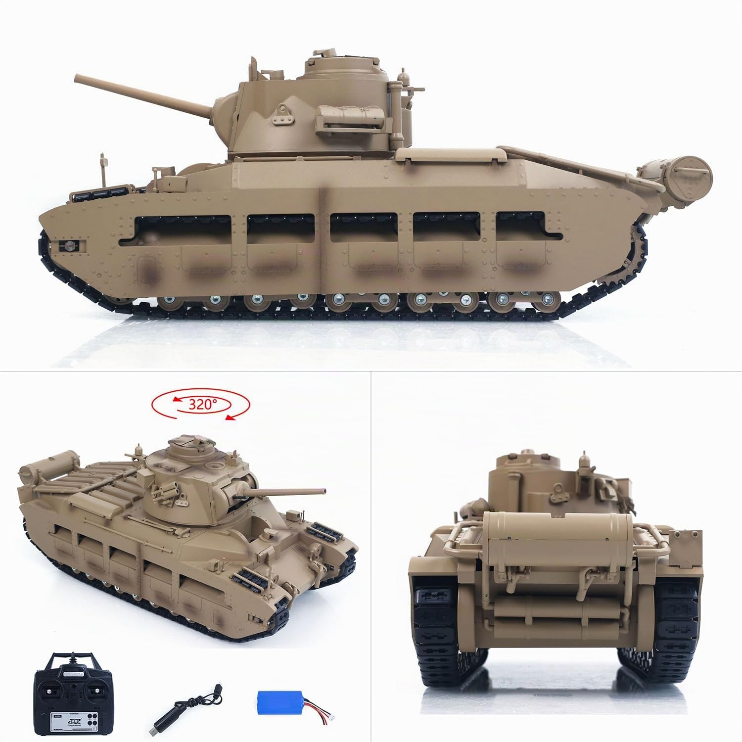 TOUCAN RC HOBBY Tongde 1/16 fern gesteuerter Militär Panzer Matilda III IV Revolver Rotation 320 Grad IR-Lichter klingt RC Elektro Modell Rauche inheit