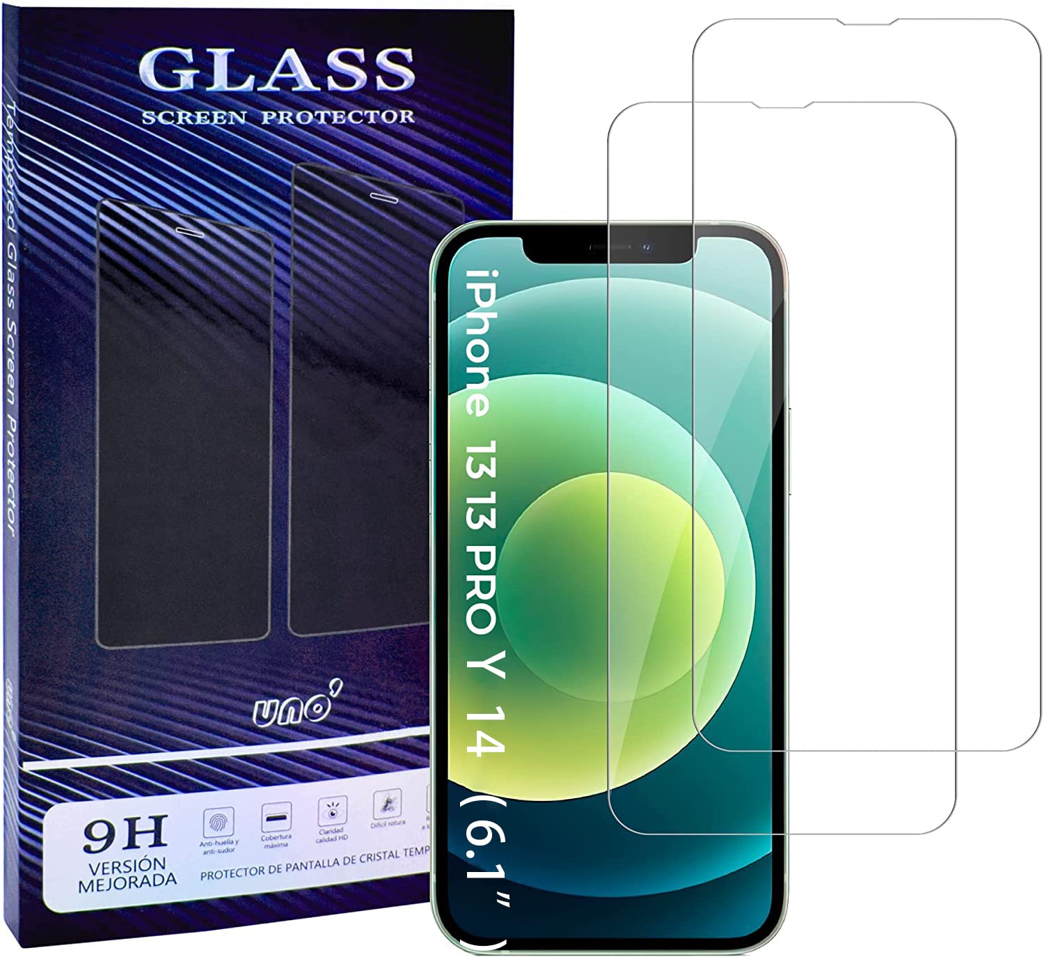 UNO' Protector pantalla 2 Unidades, Protector pantalla cristal templado compatible con iphone 14, 13, 13 Pro (6,1"), Vidrio Templado Ultra Resistent Sin Burbujas, 9H (Transparent).