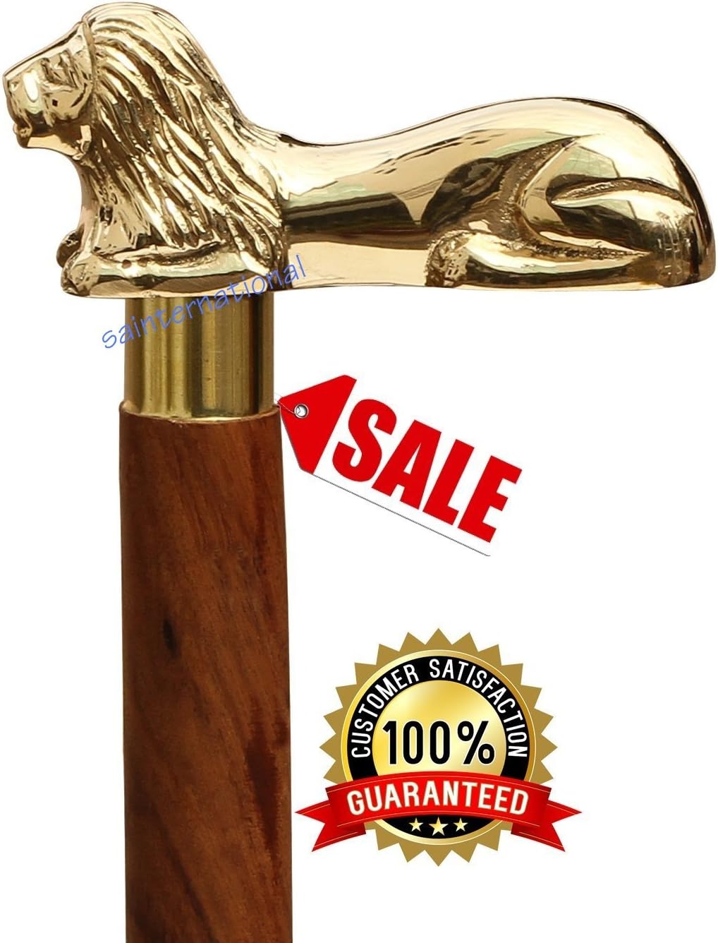 Lion Handle Wooden Walking Stick Walking Cane Wood Cane With Golden Lion Brass Handle Unique Decorative Gentleman Walking Sticks Canes Unisex Gift For Gentlemen Son Father Grandpa Grandma Unique Item.