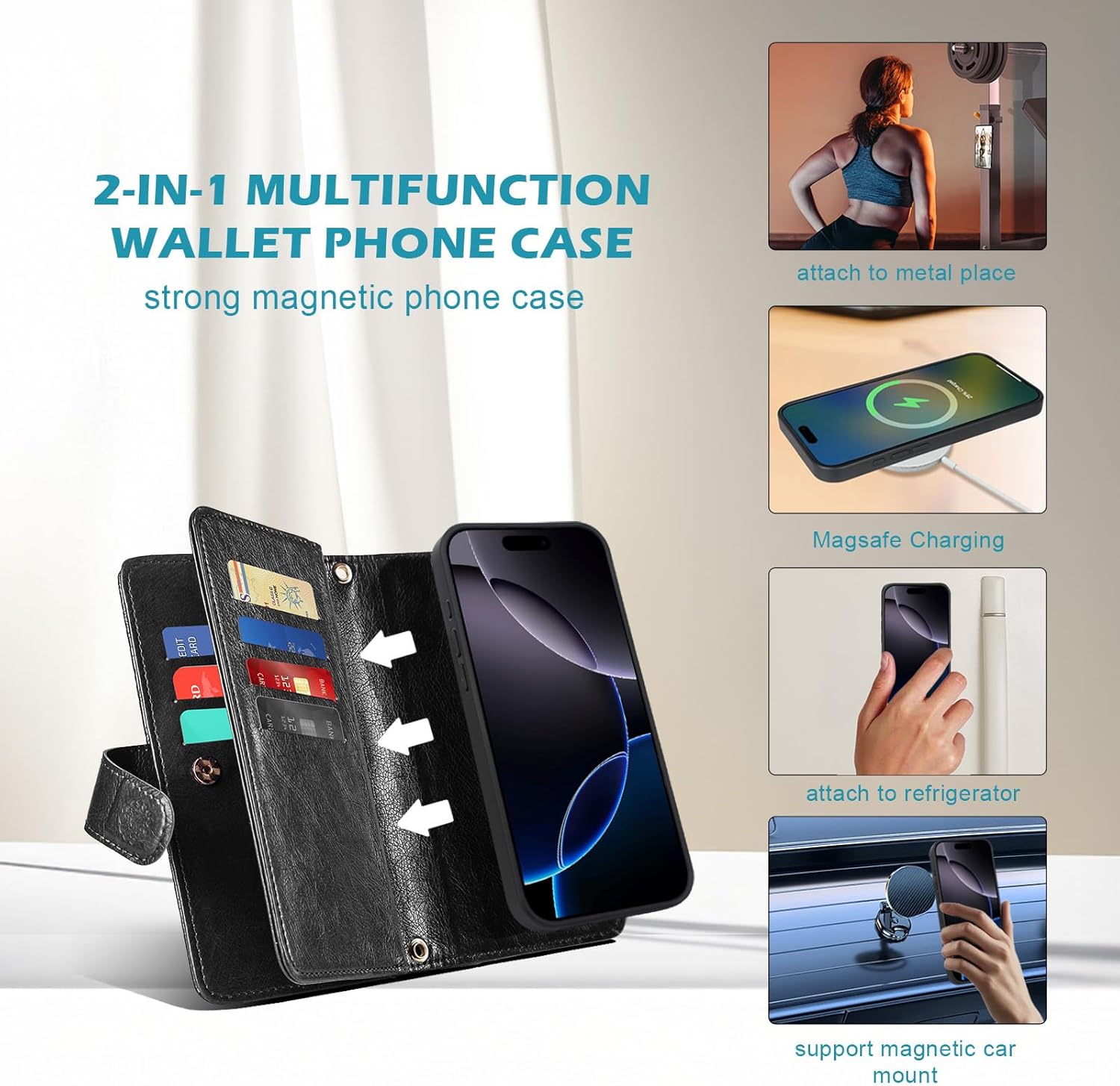 Harryshell for iPhone 16 Pro Max 5G Detachable Magnetic Case Wallet,Compatible with Magsafe Wireless Charging, [RFID Blocking] Card Slots, Cash Zipper Pocket Wrist Strap (Crossbody Black)