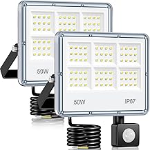 2 Pack 50W 5000LM 6 in 1 LED Outdoor Motion Detector Spotlight IP67 Waterproof 7000K Cool White Outdoor Lighting for Garden, Yard, Street