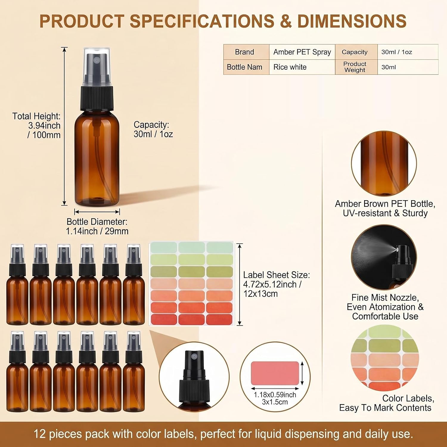 12 Pack 30ml/1oz Fine Mist Mini Amber Spray Bottle,Travel Size Plastic Dispensers, Black Nozzle Refillable Empty Containers with Classified Label Stickers for Face Care Home Cleaning