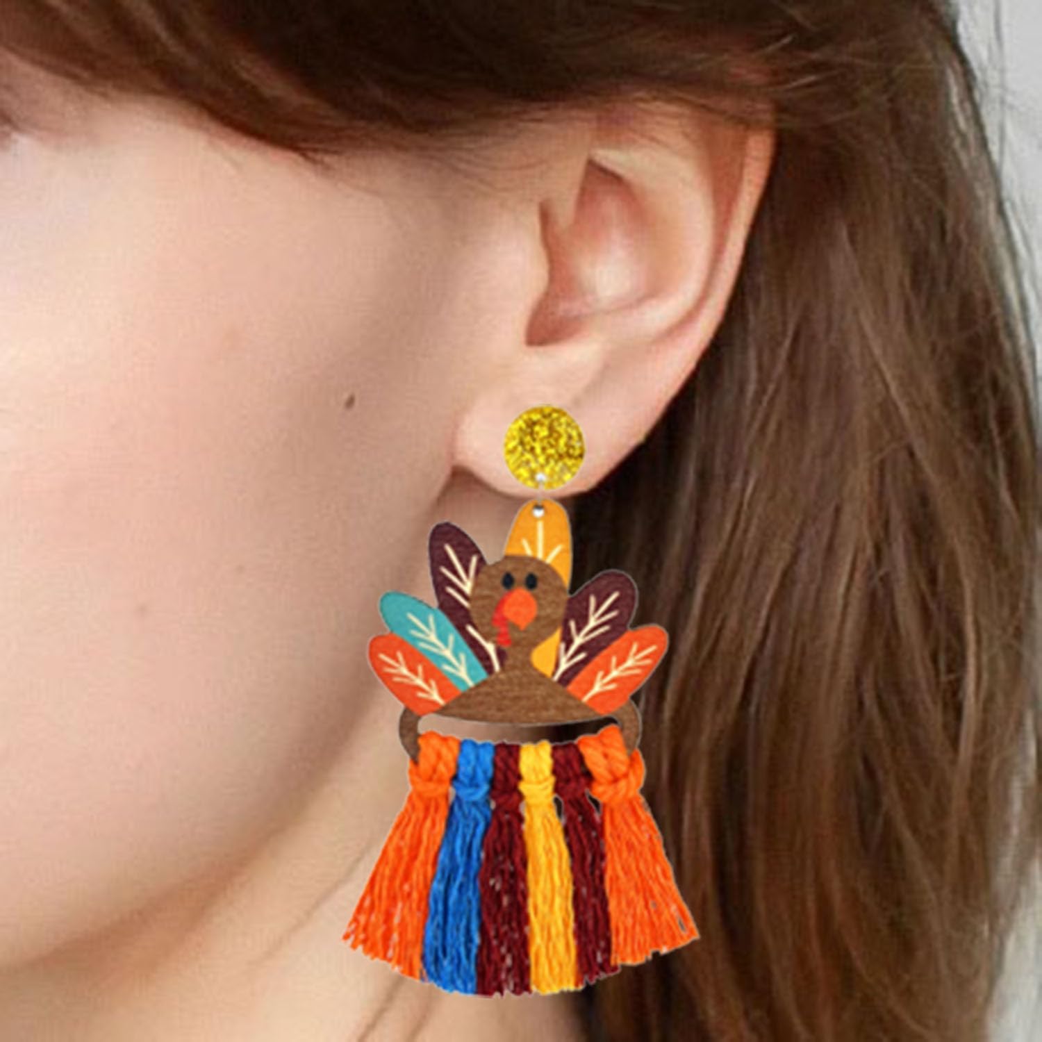 Thanksgiving Earrings for Women Wooden Turkey Pumpkin Maple Leaf Dangle Earrings Colorful Handmade Tassel Fall Earrings Autumn Festival Jewelry Gifts for Women - Image 2