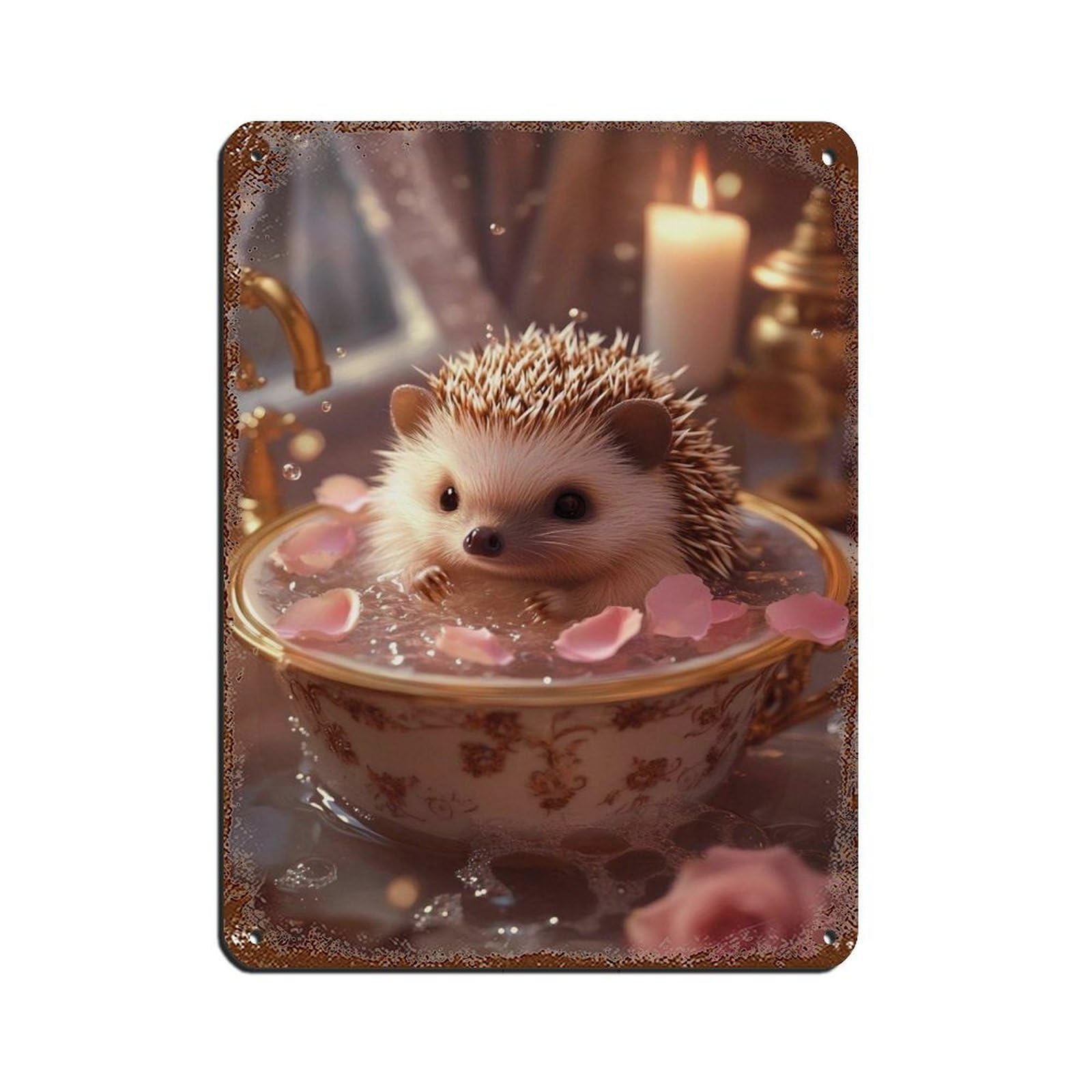 Cute Hedgehog in Vintage Teacup Tin Sign Vintage Metal Pub Club Cafe Bar Home Wall Art Decoration Poster Retro 12x16inch(30x40cm)