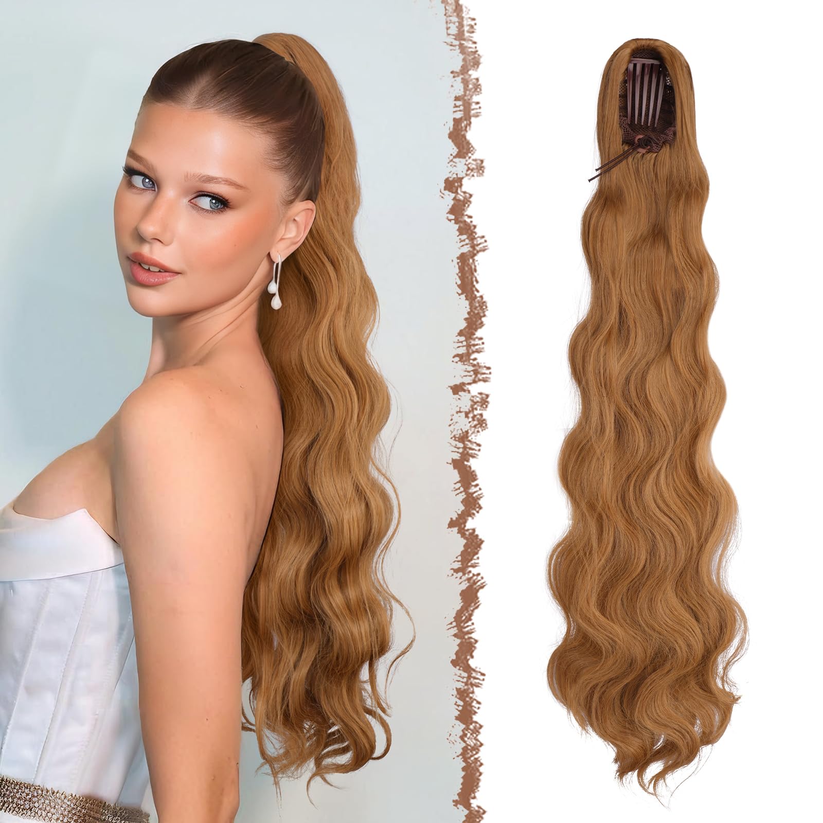 FESHFEN Ondulés Queue de Cheval Extension avec Cordon, 75cm Longue Ponytail Cheveux Naturel Peigne Clip in Postiche Cheveux Synthétique Blond Fraise Extension Cheveux pour Femmes