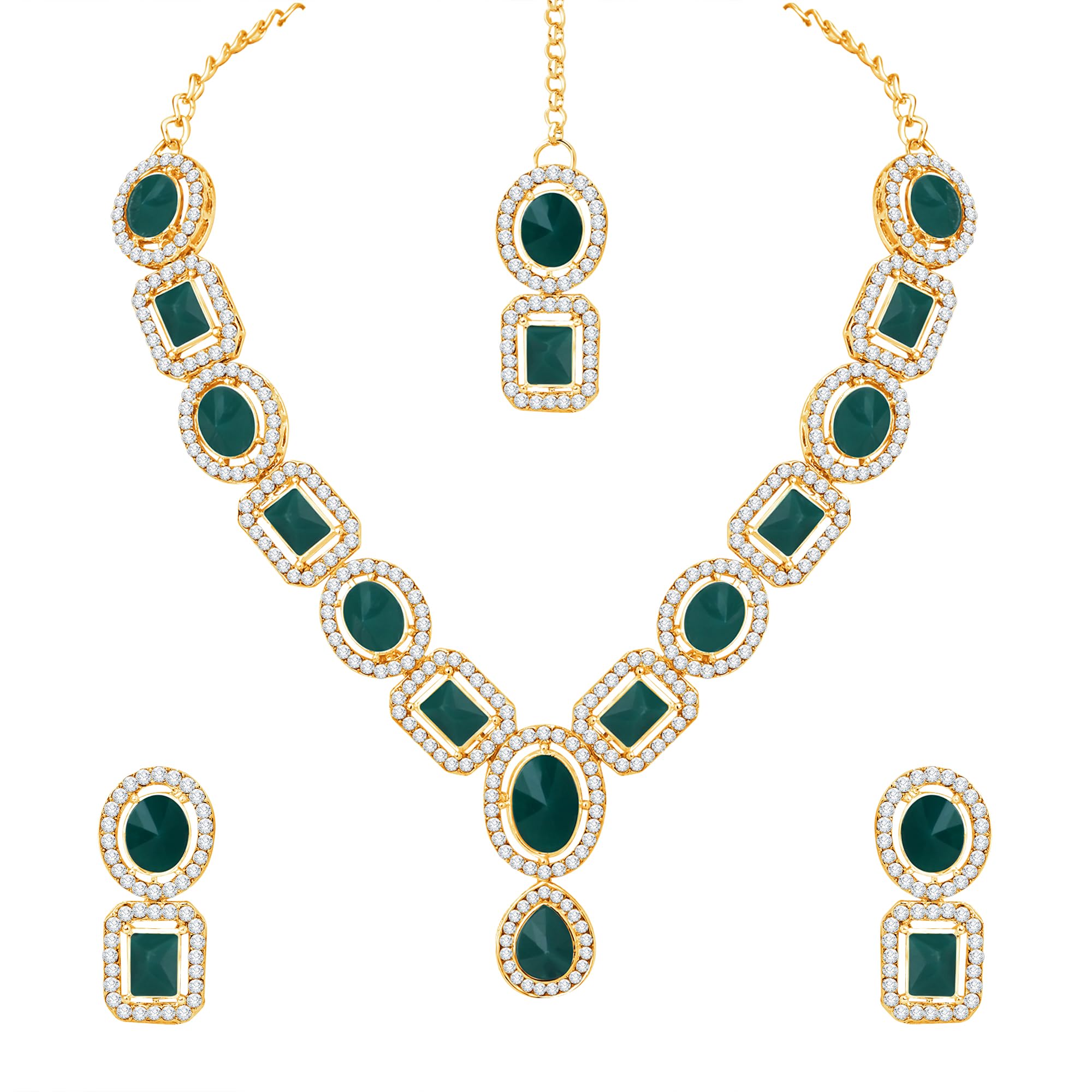 Atasi International Mint Green Crystal Silver Plated Alloy Necklace Jewellery Set with Earrings and Maang Tikka For Women (RMG5906) (B0D7TH7GB3) Amazon Price History, Amazon Price Tracker