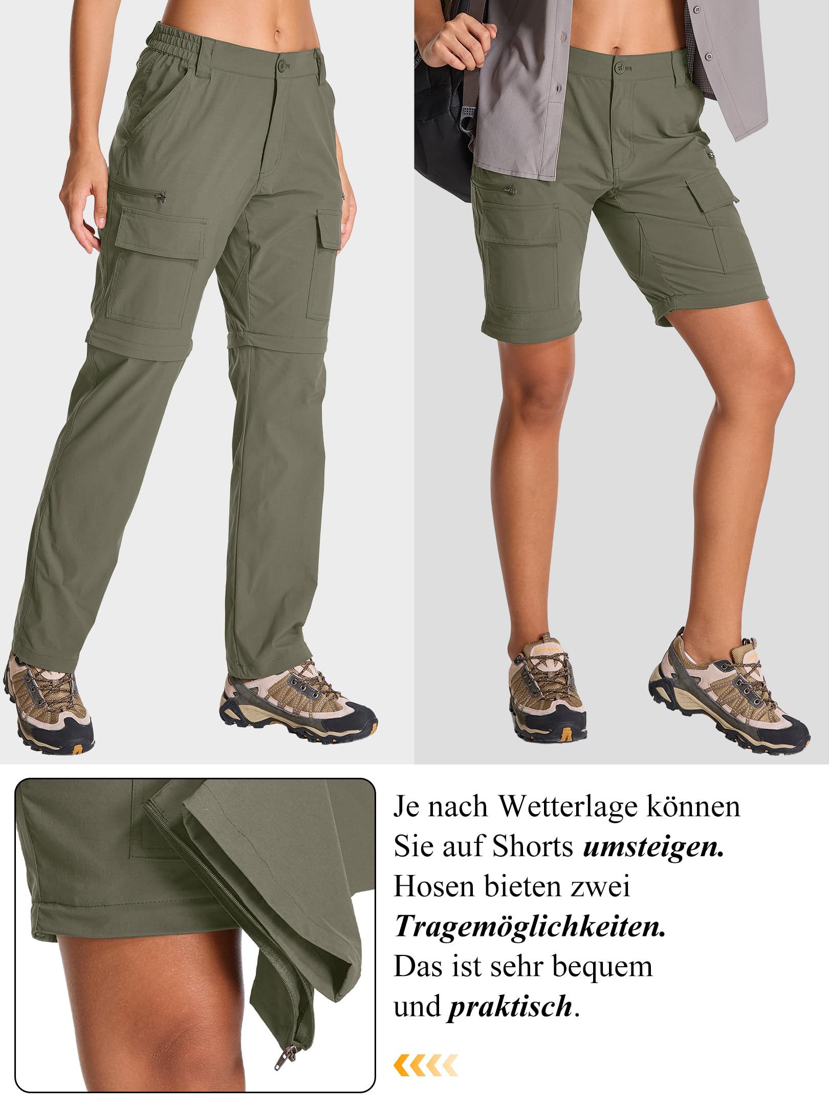 Damen Zip-Off-Wanderhose, Leichte Trekkinghose Atmungsaktiv Schnell Trockend Safari outdoorhosen Sommer Arbeitshose Funktionshose