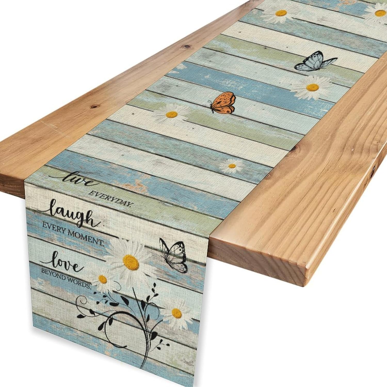 Daisy Floral Table Runner, Rustic Seasonal Spring Blue Wooden Sunflowers Boho Butterfly Coffee Table Center Decor for Family Kitchen and Living Outdoor Farmhouse Country Table Decorations, 13"x108"