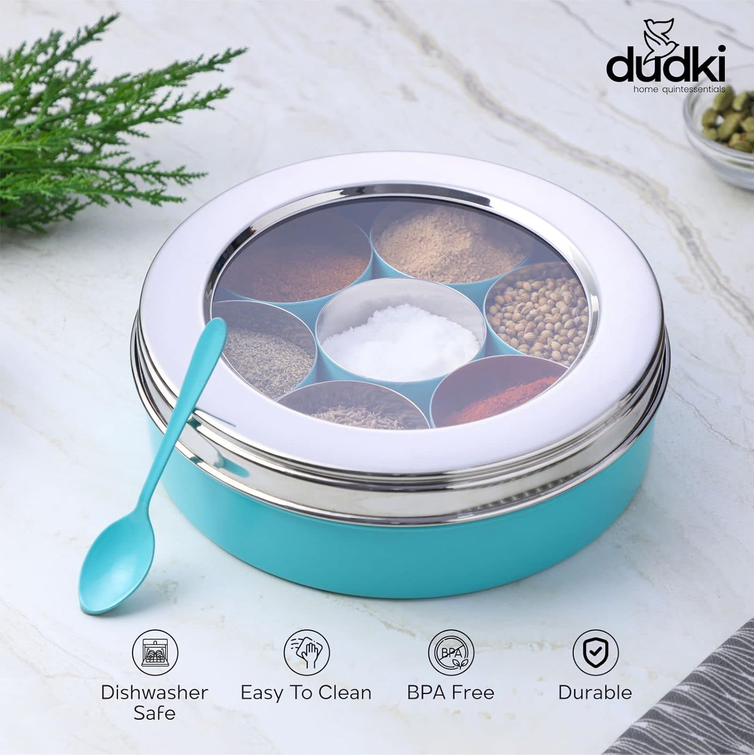 DUDKI Homes Stainless Steel Masala Box, Spice Box, Masala Dabba with Kitchen Organizer with See Through Lid with 7 Containers and One Small Spoon (AQUA)