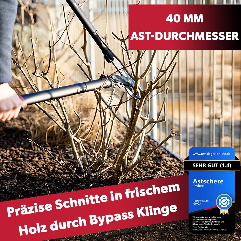 Siwitec Teleskop Bypass Getriebeastschere SG-21, Baumschere für frisches Holz bis Ø 40 mm, Kohlenstoffstahl, Länge 66-92 cm
