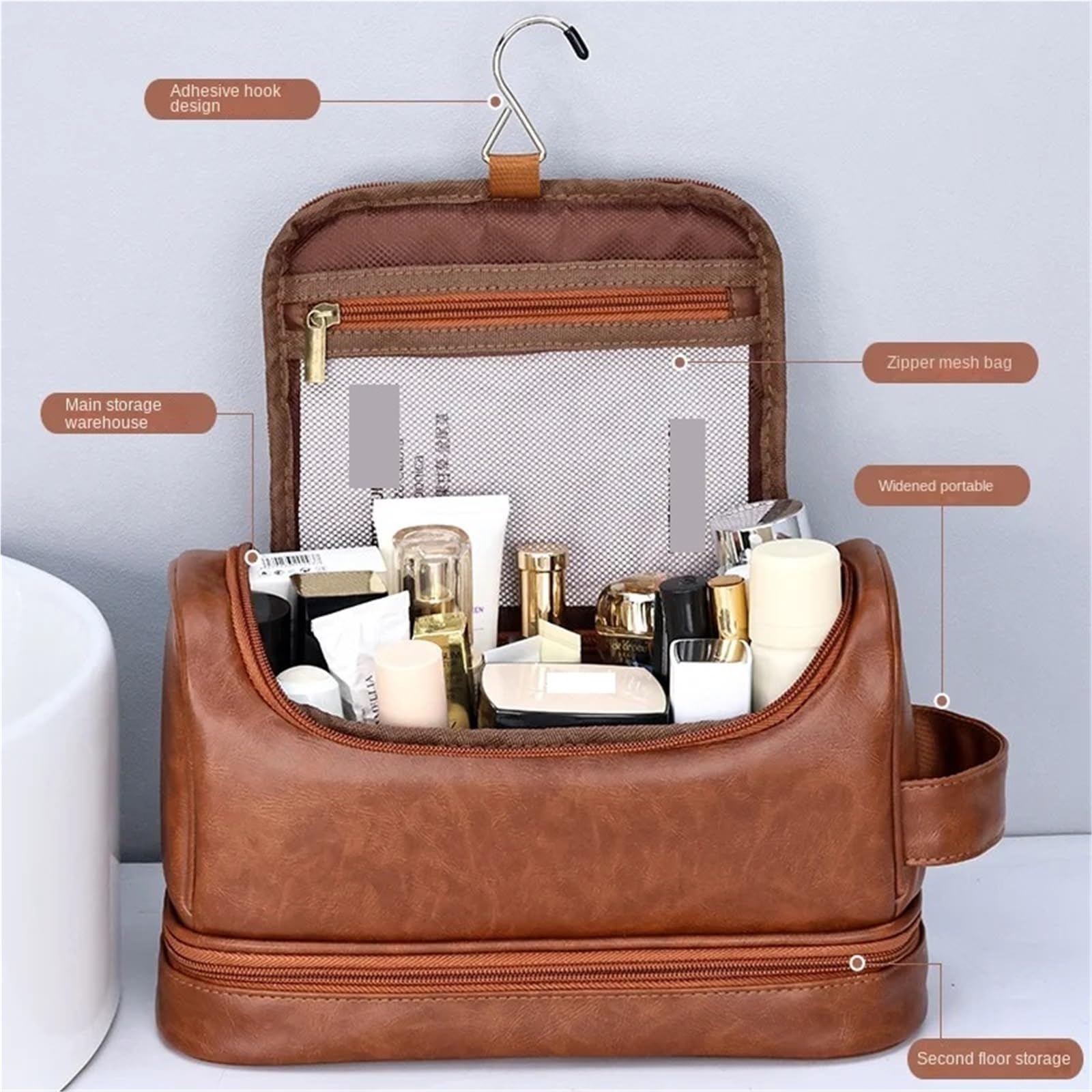 Neceser de Viaje Bolsa de Maquillaje Colgante Gran Capacidad, Piel sintética, for Hombre, con Doble Capa, Organizador artículos Esenciales Viaje(Brown1)